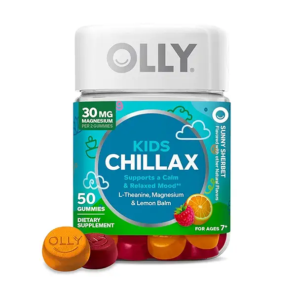 OLLY Kids Chillax Gummy, For a Calm and Relaxed Mood*, Magnesium, L-Theanine, Lemon Balm Extract, Chewable Supplement, Sherbet Flavored, 25 Day Supply - 50 Count (Packaging May Vary) 1