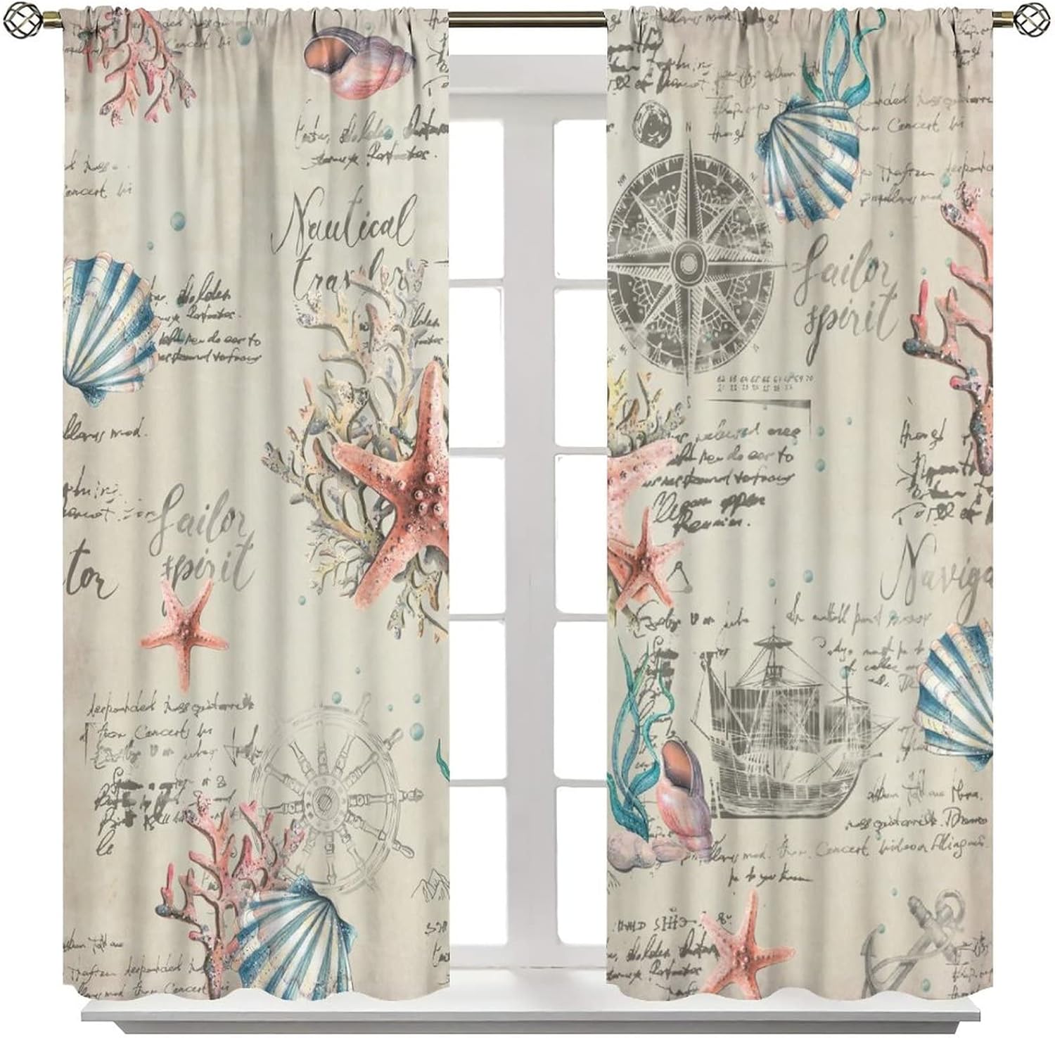 Vintage Nautical Coastal Rod Pocket Blackout Curtains - Watercolor Beach Nautical Theme Starfish Seashell Coral Window Treatment Set Energy Saving Thermal Insulated Drapes 2 Panels 63L x 27.5W