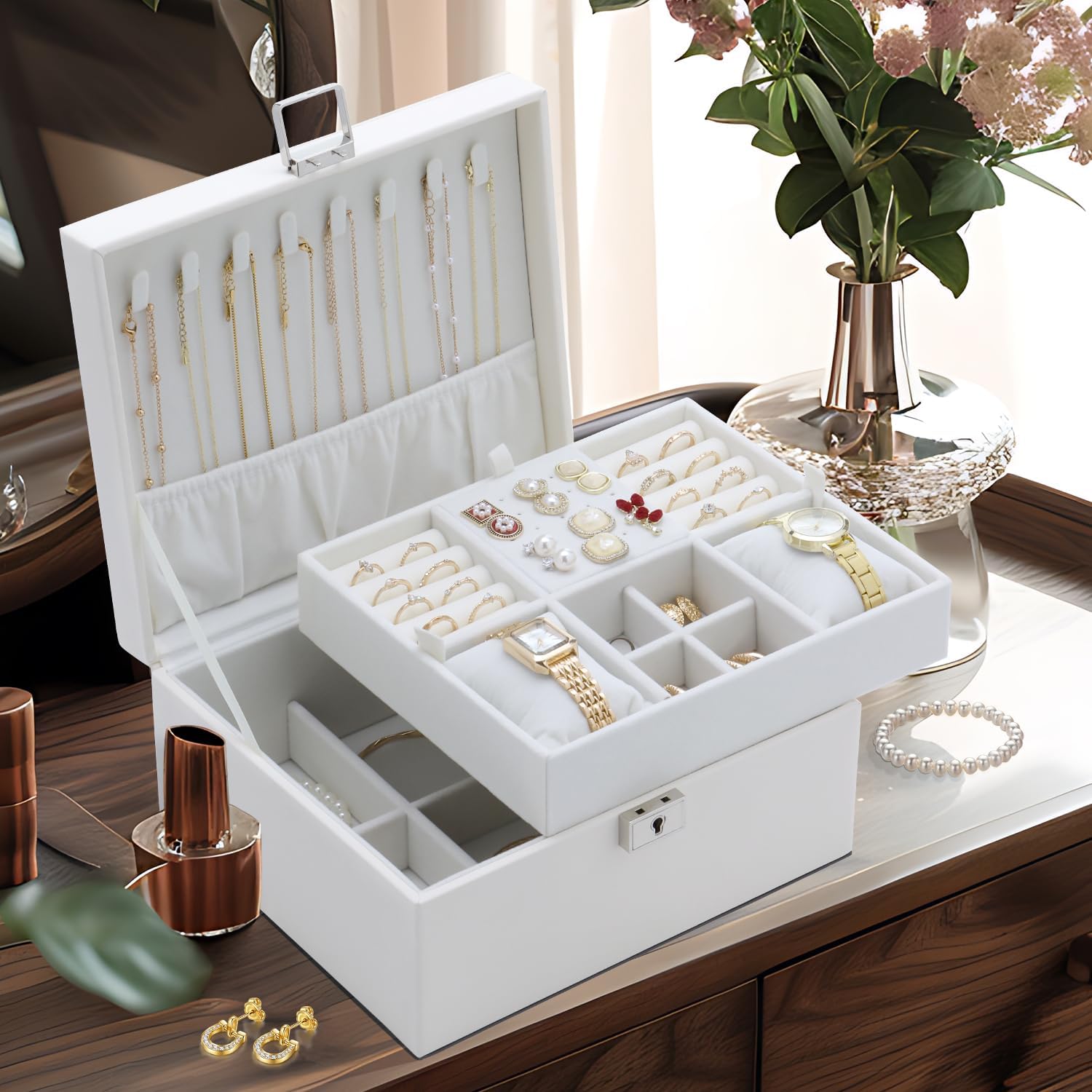 Jewelry Organizer Box for Girls Women,Large Genuine Leather Jewelry Organizers and Storage with Earring Holder Organizer Removable Velvet Jewelry Tray,Christmas Gifts Jewelry Box for Girls 8-12,Pink