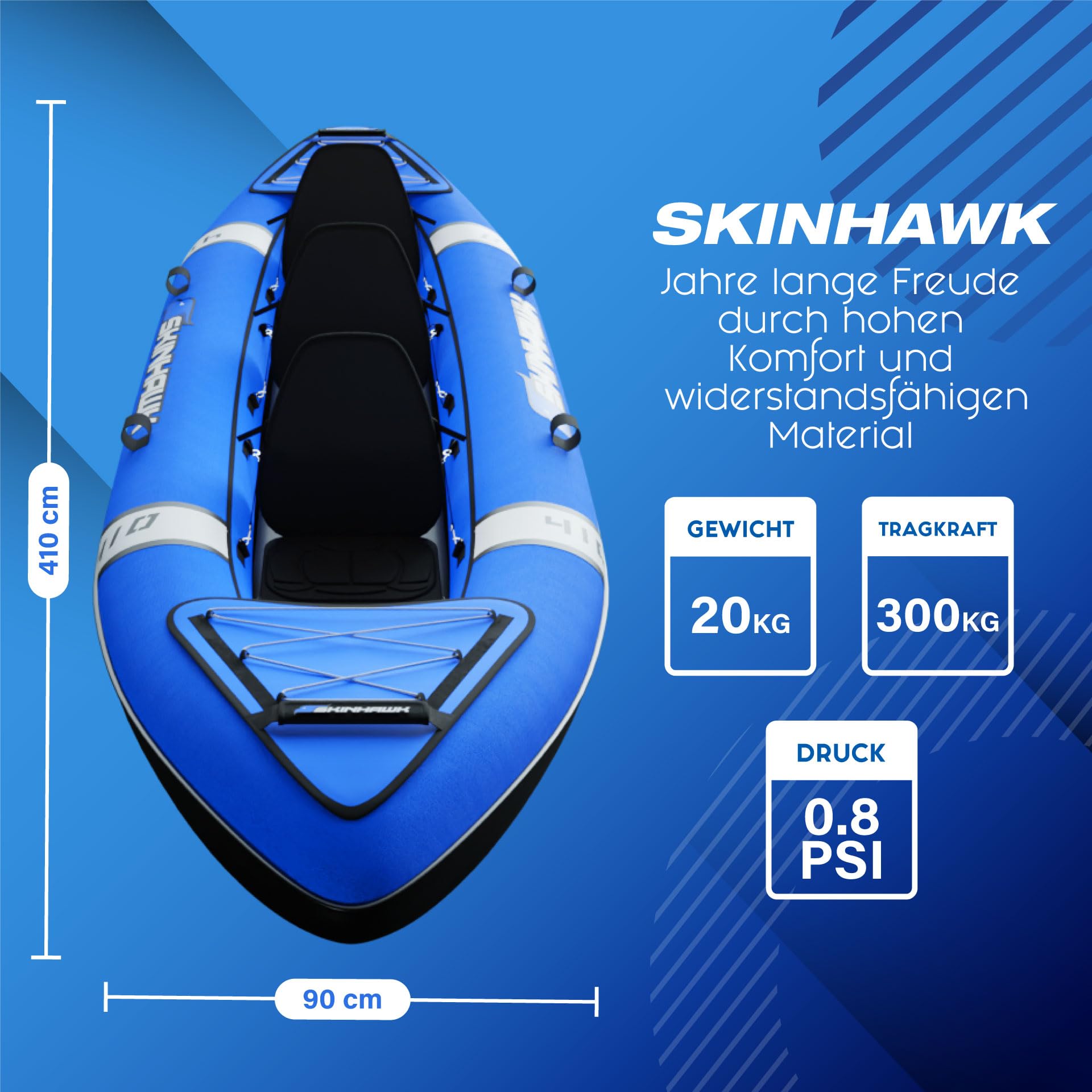 SKINHAWK Kayak Classic 410 Bleu Canoë Bateau gonflable 3 places Pompe Sac 410 x 95 cm