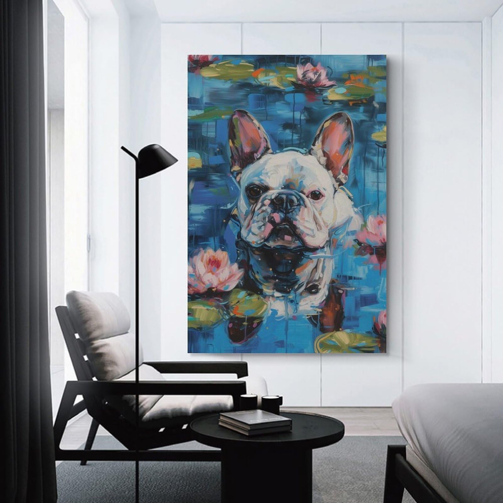Junmoney French Bulldog in Water Lilies Wall Picture Print 16x24inch(40x60cm), for Home Walls, Creative Rooms Or Shared Spaces, Stylish Home Artwork for Focal Walls