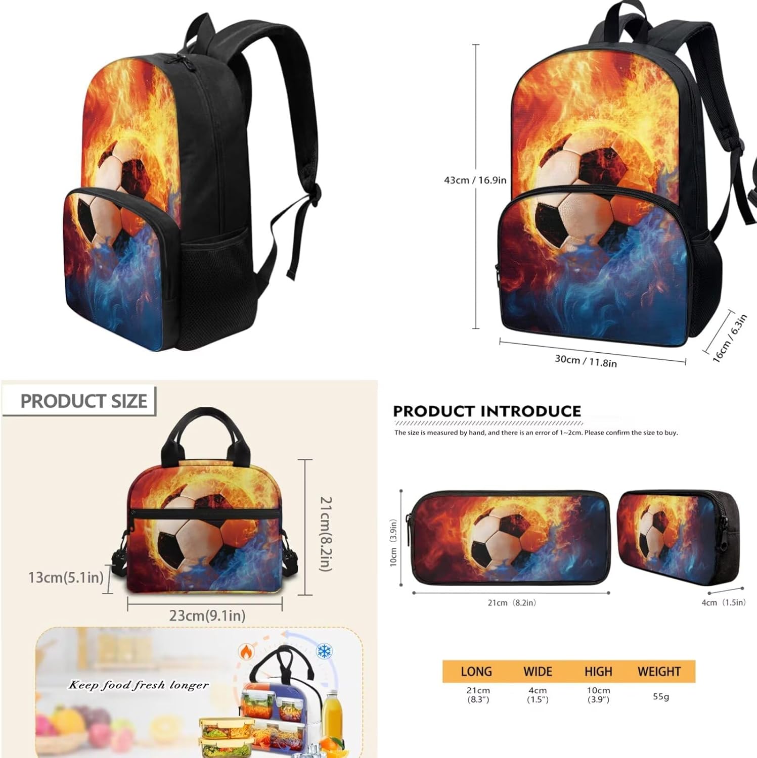 Tuoxiukan Soccer Backpack for High School Boys with Lunch Box Pencil Case 3 In 1 Bookbag and Lunchbag Pencil Pouch Zip School Bags Insulated Lunchbox Multi-fuction Pencil Bag