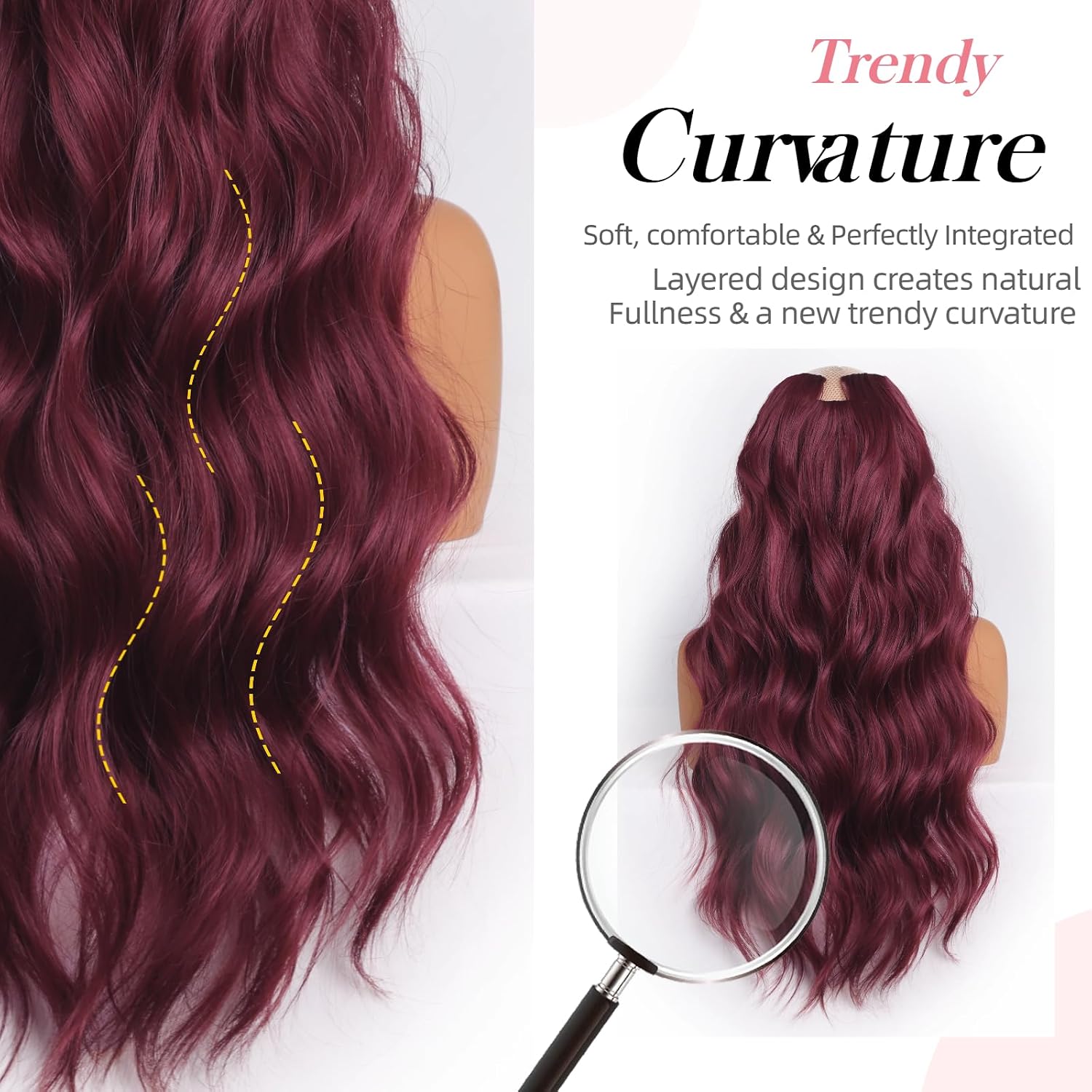Hair Extensions Clip in 24 Inch Long Wavy Synthetic Piece for Women Heat Resistant Fake Hairpiece Wine Red Seamless Clip ins Thick Hair Extensions Natural Looking Daily Party Use Burgundy