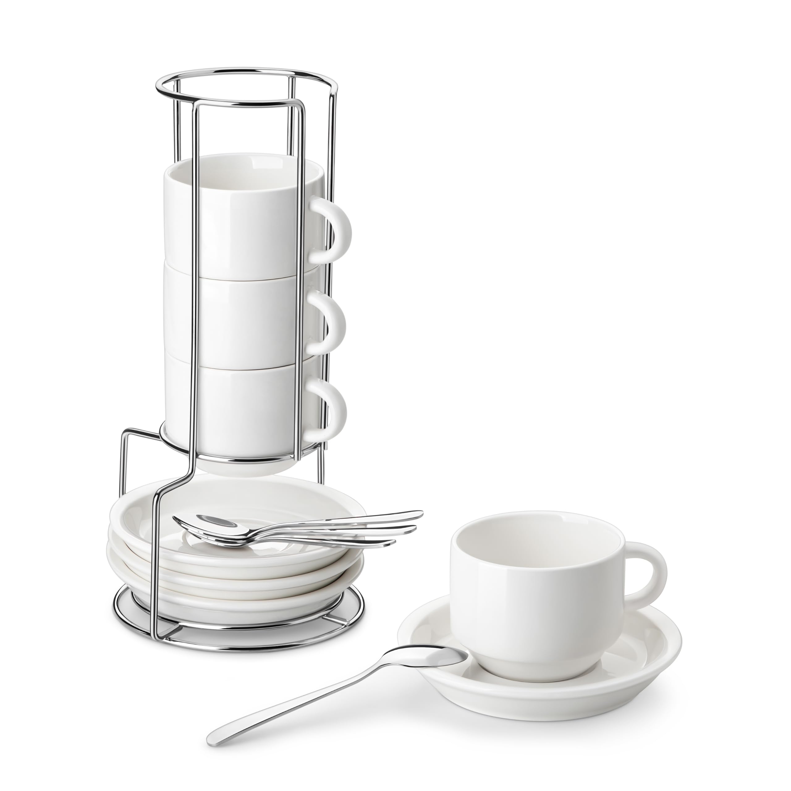 MALACASA Porcelain Espresso Cups Set of 4, with Saucers and Metal Stand, 4 Ounce Stackable Cappuccino Cups, Expresso Shots Cup Ceramic Demitasse Mugs, White with Spoon