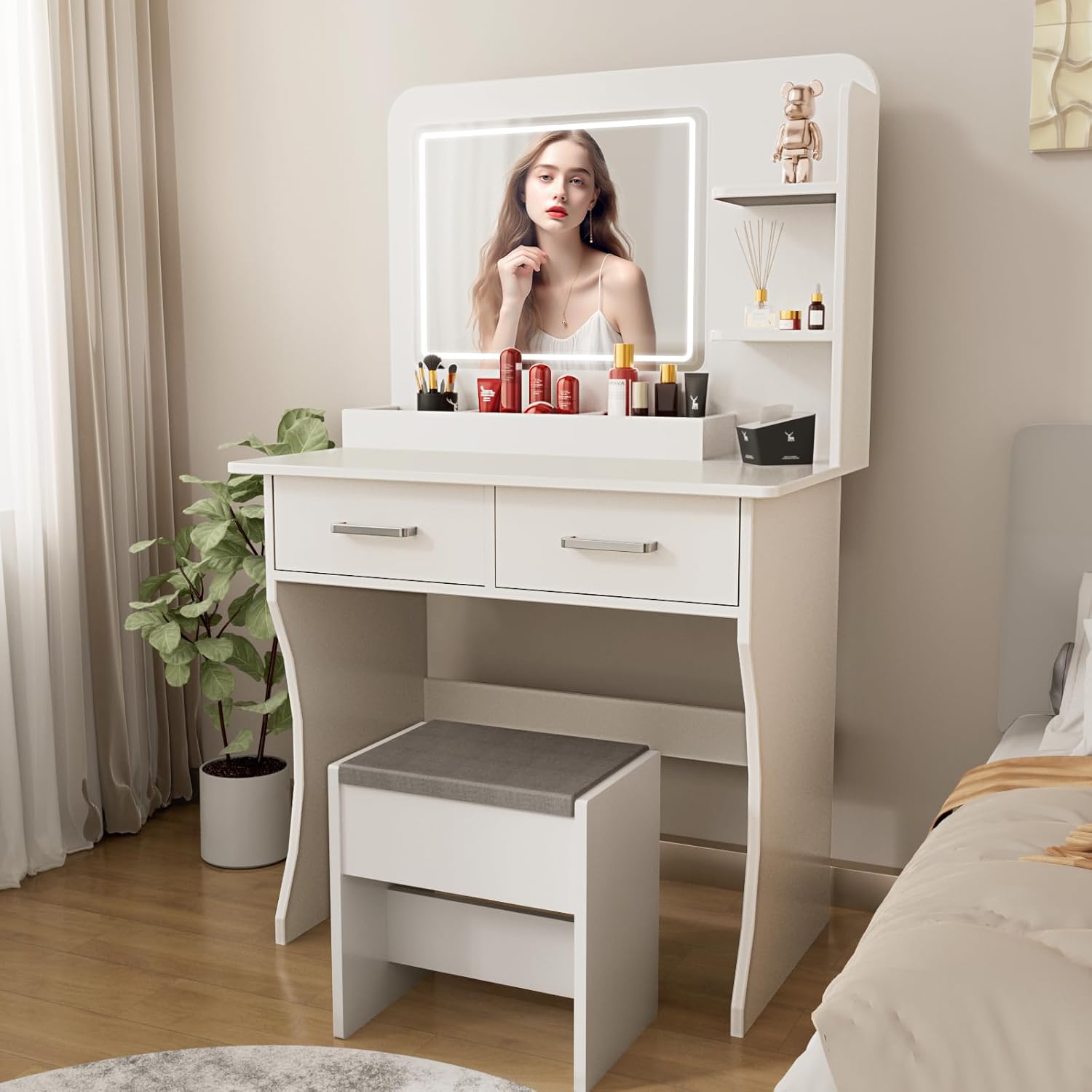 ドレッサー コンパクト 幅80cm 白 ホワイト 化粧台 3色LEDライト付き