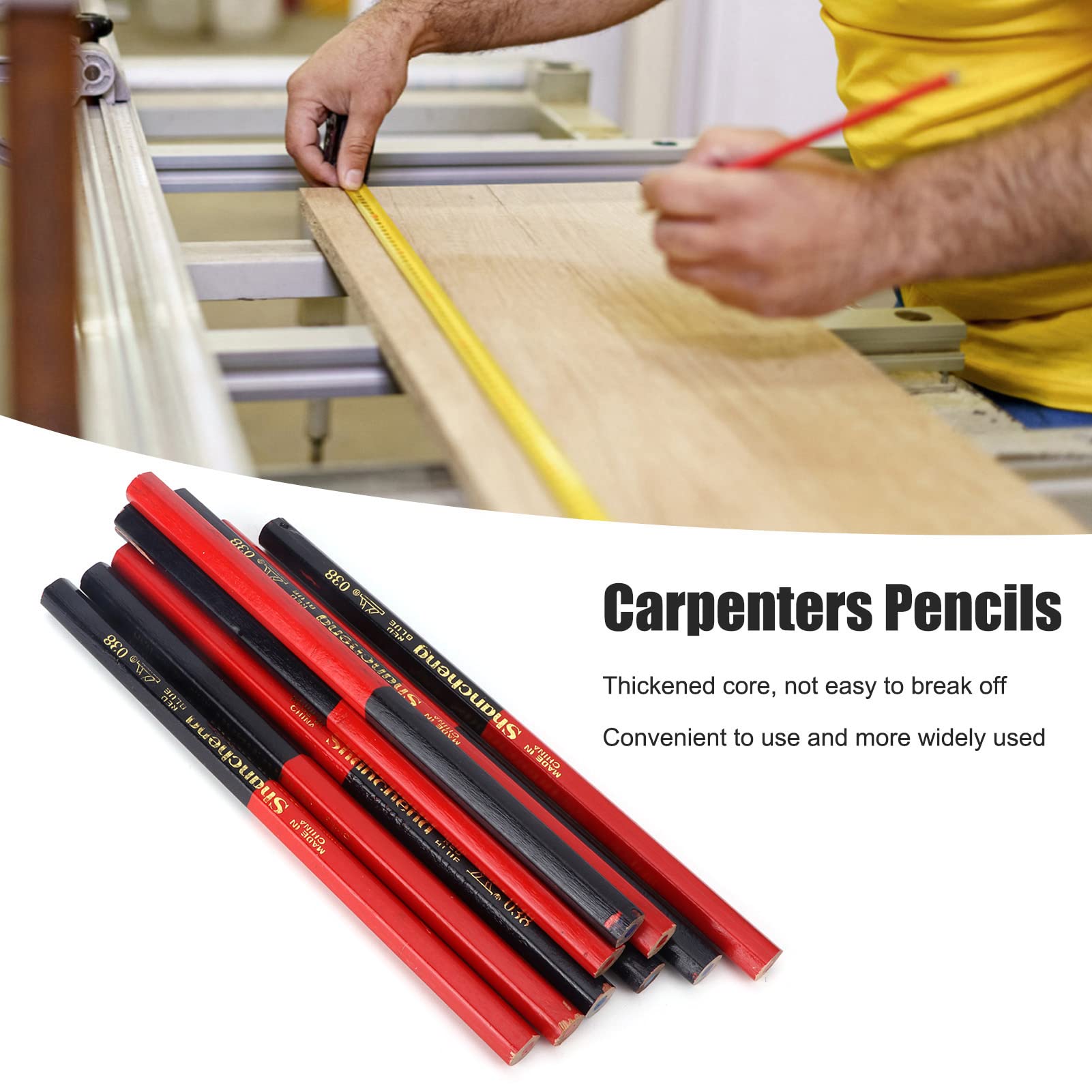 Hilitand 9Pcs Red and Blue Carpenters Pencils Set, 2‑Core Hex 2‑Head Woodworking Mark Pen for Wood, Ceramic Tile, Metal, Glass, Leather, Plastic — Amazon image 3