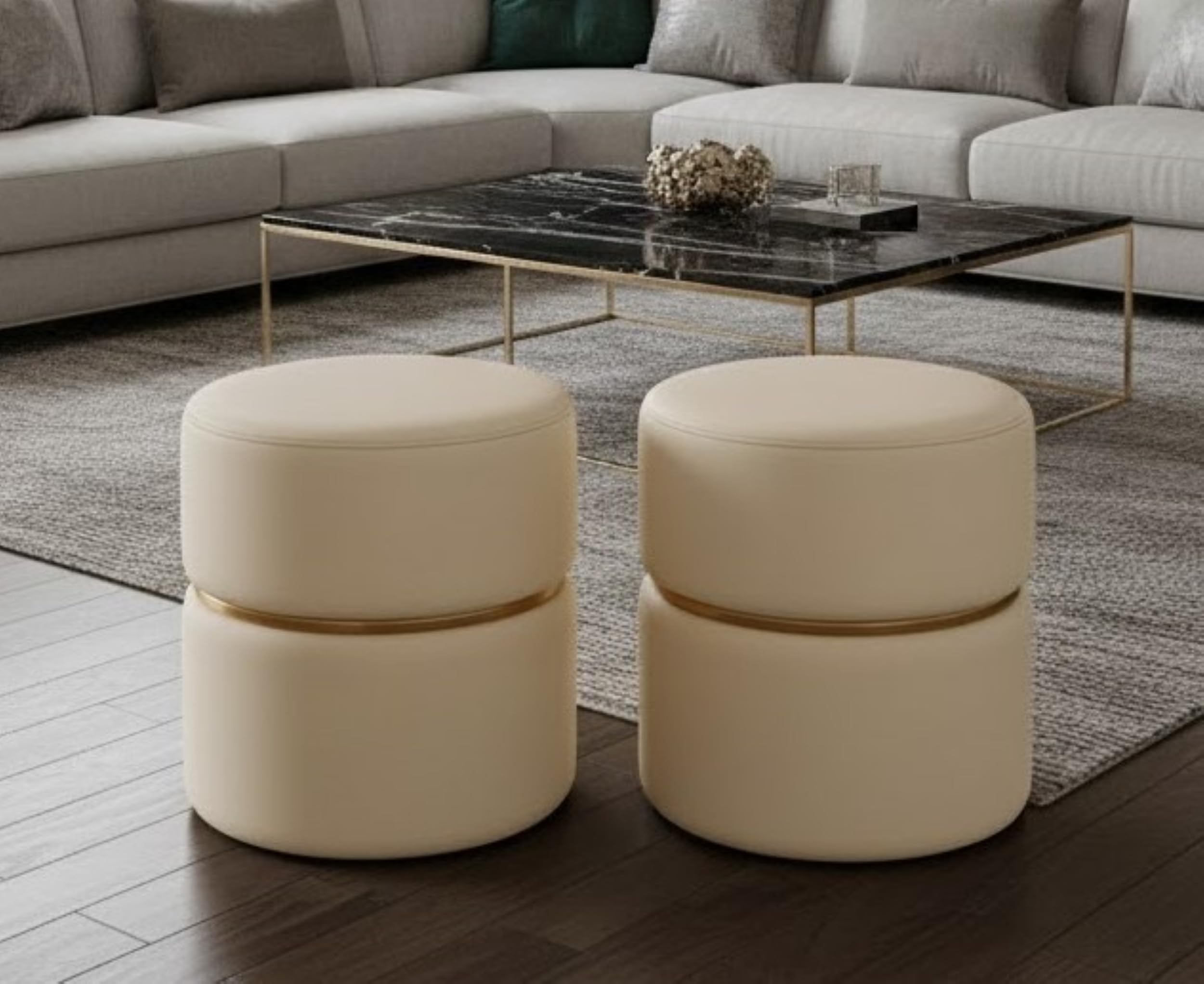 Round Velvet Pouf Ottoman Foot Rest Stool | Premium Padded Seat with Linen Fabric for Living Room & Bedroom (Set of 2 Off White)-image-7