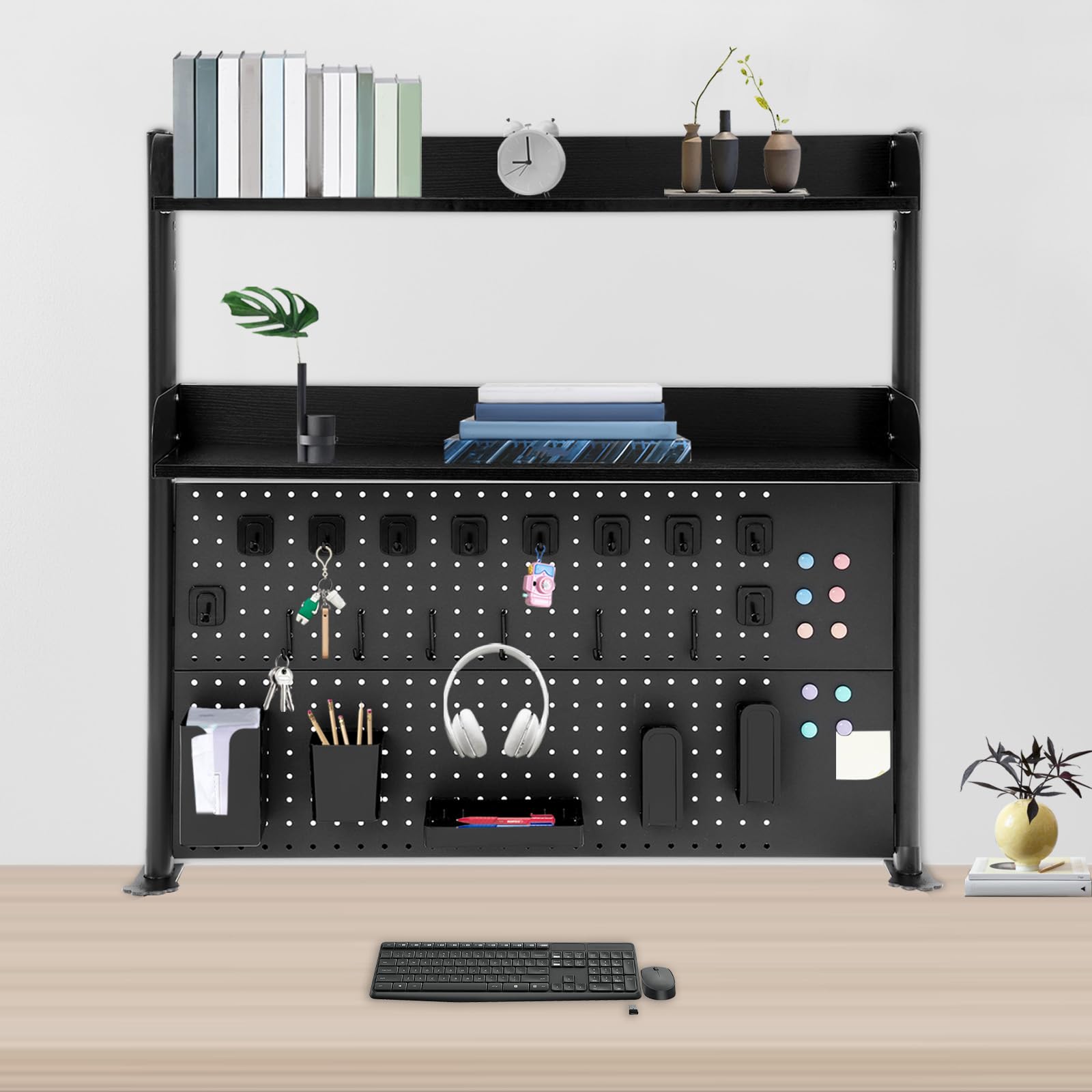 Estante de Escritorio 3 Niveles con Barreras Anticaídas, Organizador de Mesa para Libros y Papelería con Abrazadera Ajustable, Soporte para Oficina y Estudio, Negro