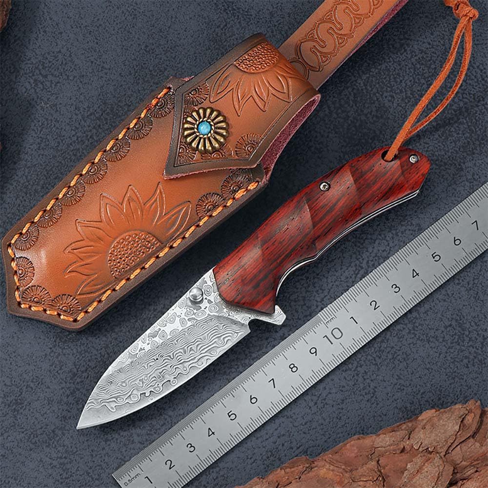 Klappmesser 6.9" Damast Taschenmesser Klein aus damaststahl, Sandelholz, Damaszener edelstahl, EDC Outdoor Messer, Survival Jagdmesser Scharfe Einhandmesser,Damascus neck knife tanto mit leder holster