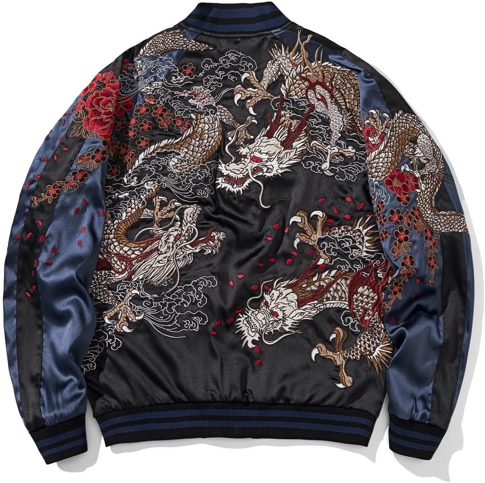 3 Dragon Embroidered Bomber Jacket Japanese Unisex Streetwear Zip Up Satin Windbreaker Coat for Spring Fall