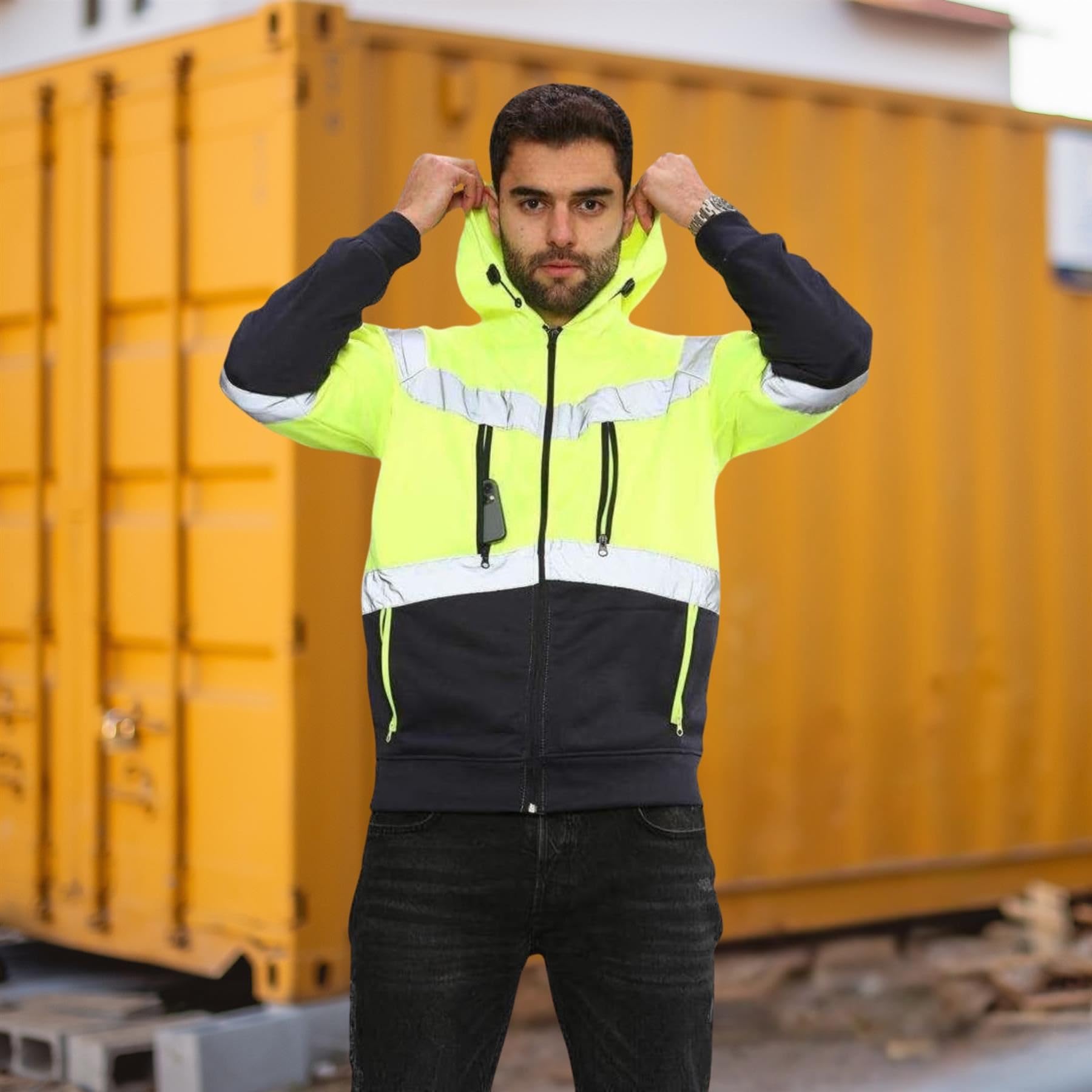 Janisramone Hombres Hi Vis Reflexivo Visibilidad Capucha Contraste Parche Vellón Sweatshirt Trabajo Capucha Chaqueta