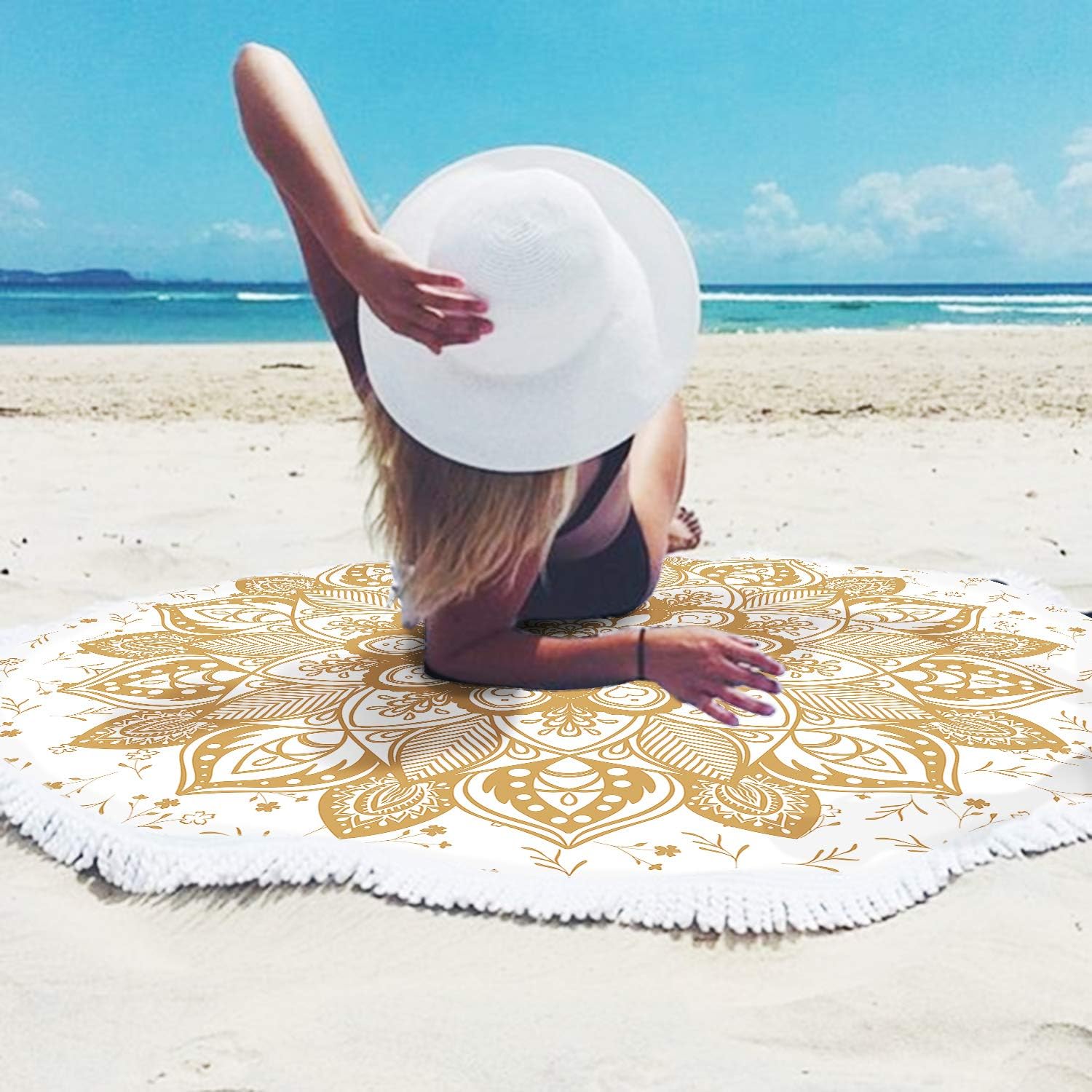Oversized Round Gold Yellow Mandala Beach Towel Blanket, Microfiber Soft Sand Free Large Water Absorbent Beach Blanket for Women Circle Swim Pool Towel Meditation Table Rug with Tassels 60 inch