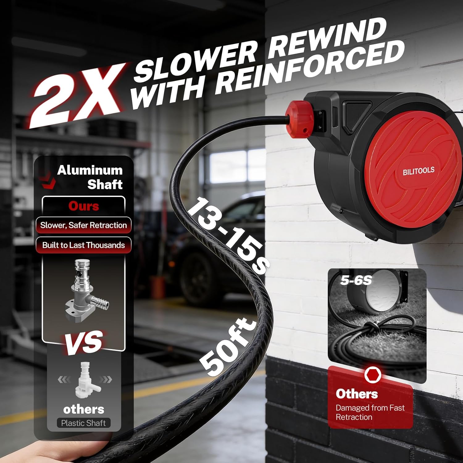 BILITOOLS Retractable Air Hose Reel, 1/2" x 50 ft High Flow Hybrid Air Hose Max 300PSI, Enclosed Air Compressor Hose Reel with Smooth Auto Rewind & 5 ft Lead-In Hose, 180° Swivel Wall/Ceiling Mount