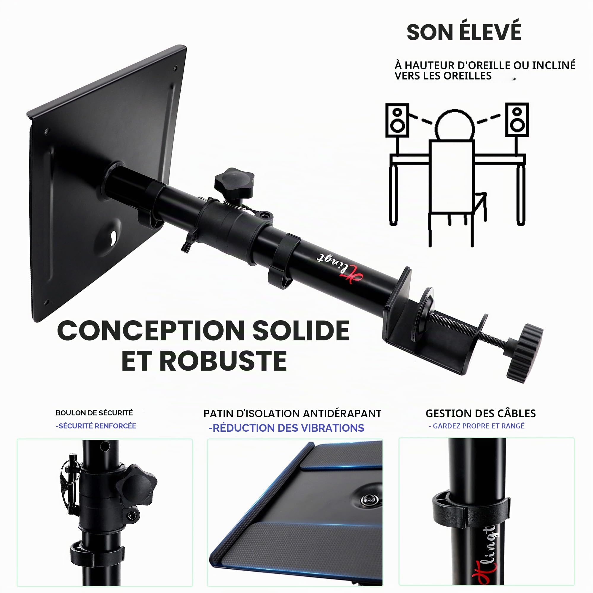 Lot de 2 supports de haut-parleurs de bureau à pince, métal, 17 x 20 cm, inclinaison -10 ° à +10 °, idéal pour haut-parleur de moniteur 3-4
