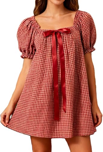 SOLILOQUY Women Gingham Mini Dress Christmas Bow Tie Front Square Neck Short Puff Sleeve Babydoll Dress Boho Party Clubwear