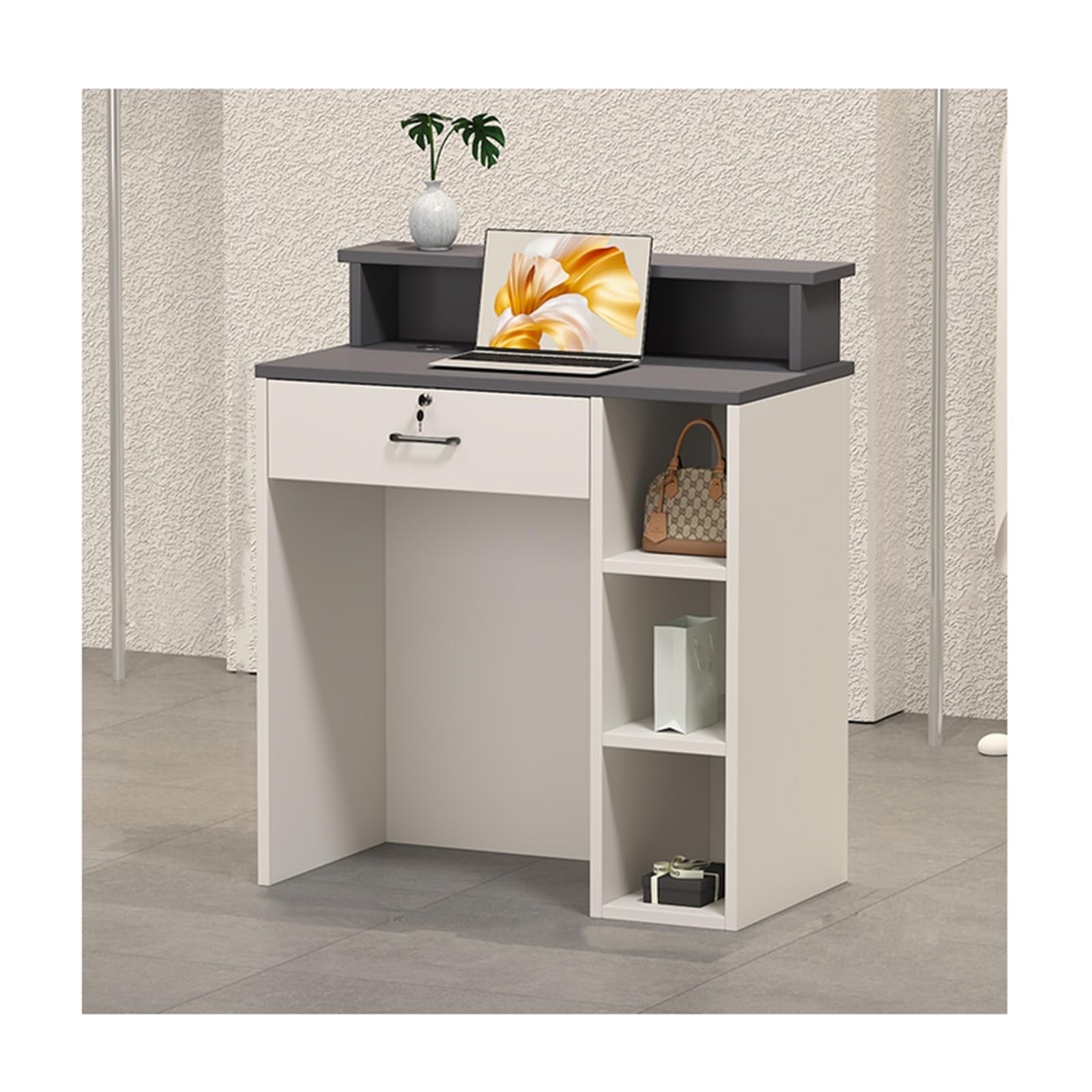Moderner Rezeptionstresen mit abschließbaren Schubladen, for Kassensalon, Lobby, Geschäft, Kleiner Kassiertisch aus Holz mit Kabeldurchführung for Kasse, Lobby(Gray,L80cm/31.5in)