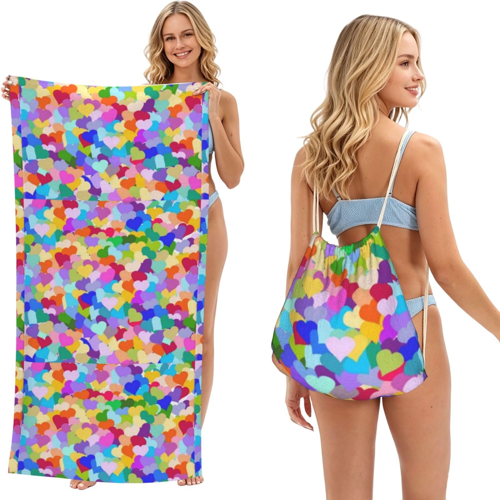Poadnly As Picture Rainbow Heart Confetti, 2 In 1 Packable Towel Bag, Beach Towels With Drawstring Backpack For Travel Holiday Camping
