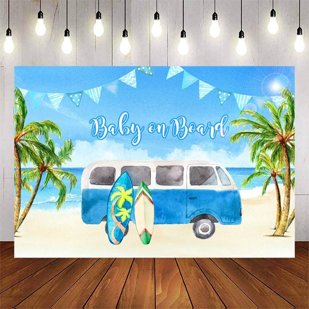 Avezano Baby on Board Baby Shower Backdrop Tropical Surf Summer Beach Photo Background for Photography Surfboard and Car Palm Tree Gender Reveal Party Decoration Banner (7x5ft)