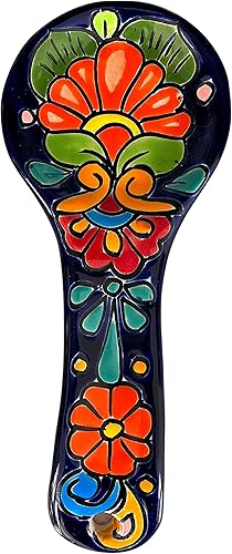 Talavera - Soporte para espátula de cerámica hecho a mano, colorida decoración mexicana de cocina (grande, azul cobalto)