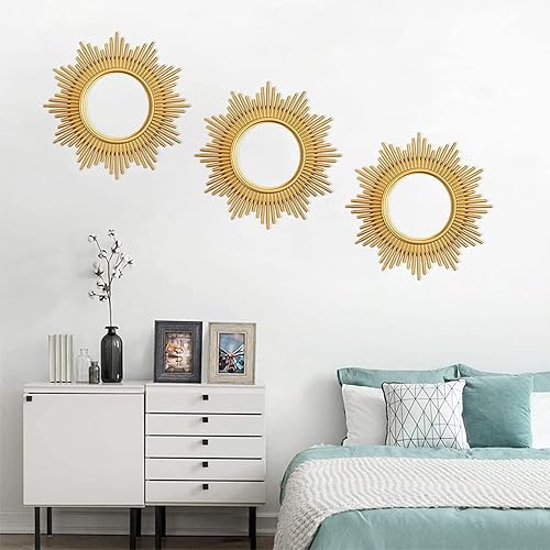 Miniatura 7 de Espejos dorados para decoración de pared espejo redondo pequeño arte de pared decorativo juego de 3 espejos de pared para sala de estar juegos de