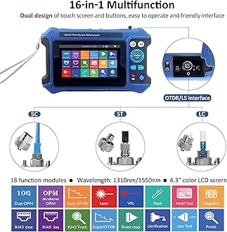 16-in-1 OTDR Optical Fiber Tester 1310/1550nm,4.3' Touch Screen and Event Map OLT (Optical Loss Test), Fiber Tester Built-in VFL OPM LS/OLS/RJ45,Functions RJ45 Cable Tester Network Tools
