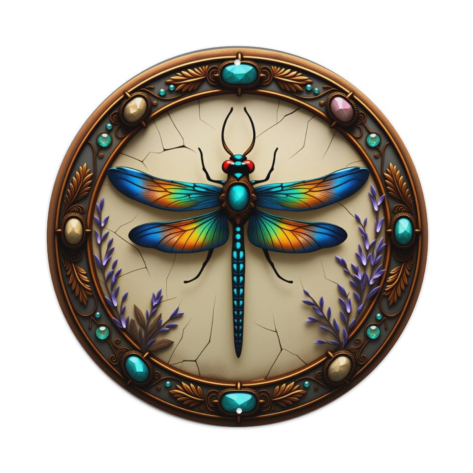 Dragonfly With Rainbow Wings And Ornate Art Round Vintage Tin Sign,Retro Wall Art,Metal Poster for Home, Bar, Garage, Cafe, Rustic Indoor & Outdoor Decor, 8x8 Inches
