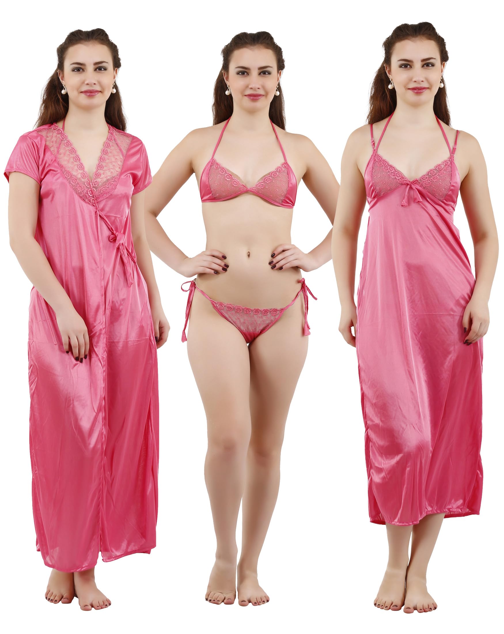 romaisa Women's Satin Solid Nightwear Set Nightwear Set Pack Of 4 (Fp411-375_Light Pink_Free Size, Relaxed)-picture-13