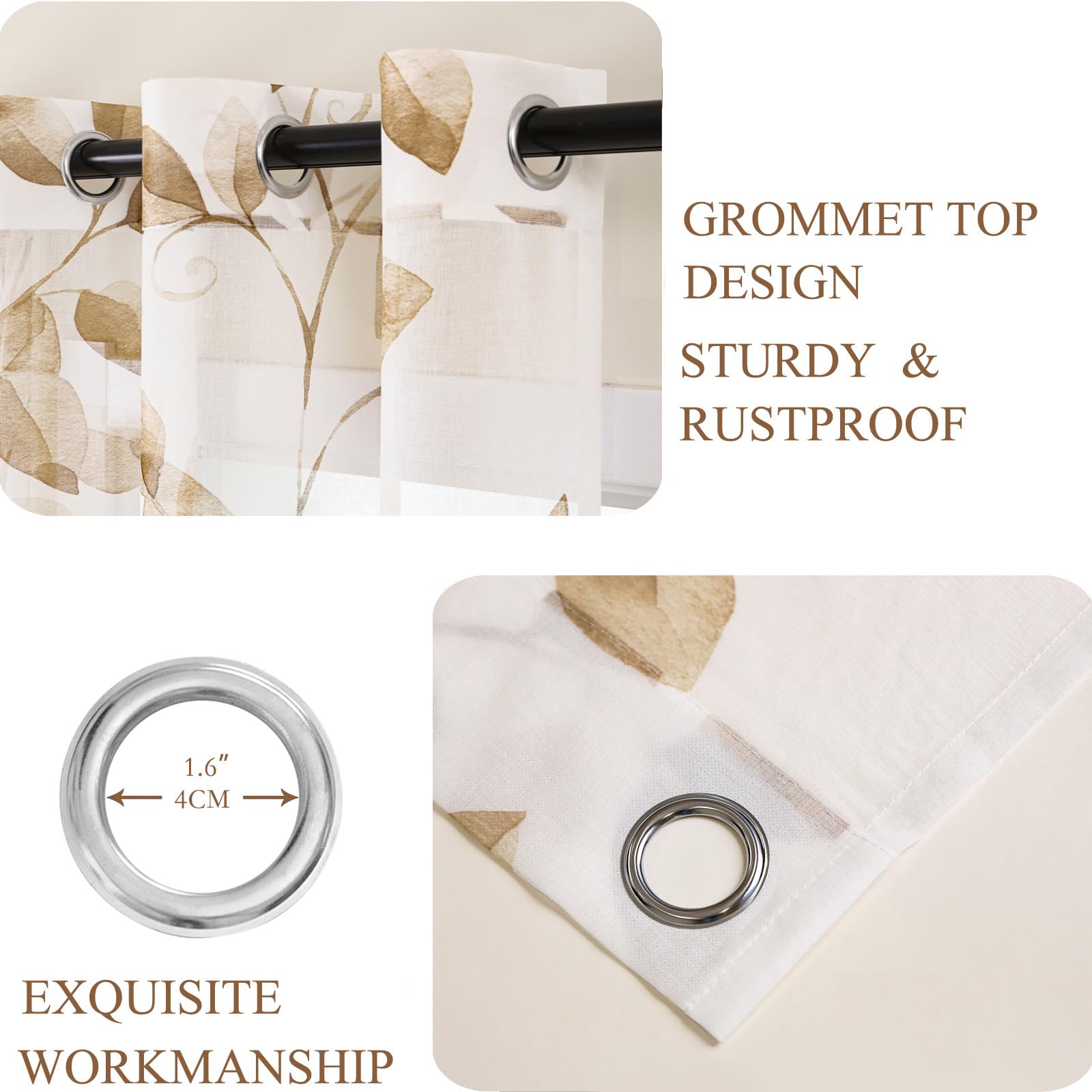 L.Z.E Gardine Taupe Braun für Erker Fenster, Transparenter Vorhang Sand Weiß mit Ösen Kurz, Durchsichtige Gardinen Vorhänge für Wohnzimmer Schlafzimmer 2er Set Blätter Muster Ösenschals, 175 cmm Länge