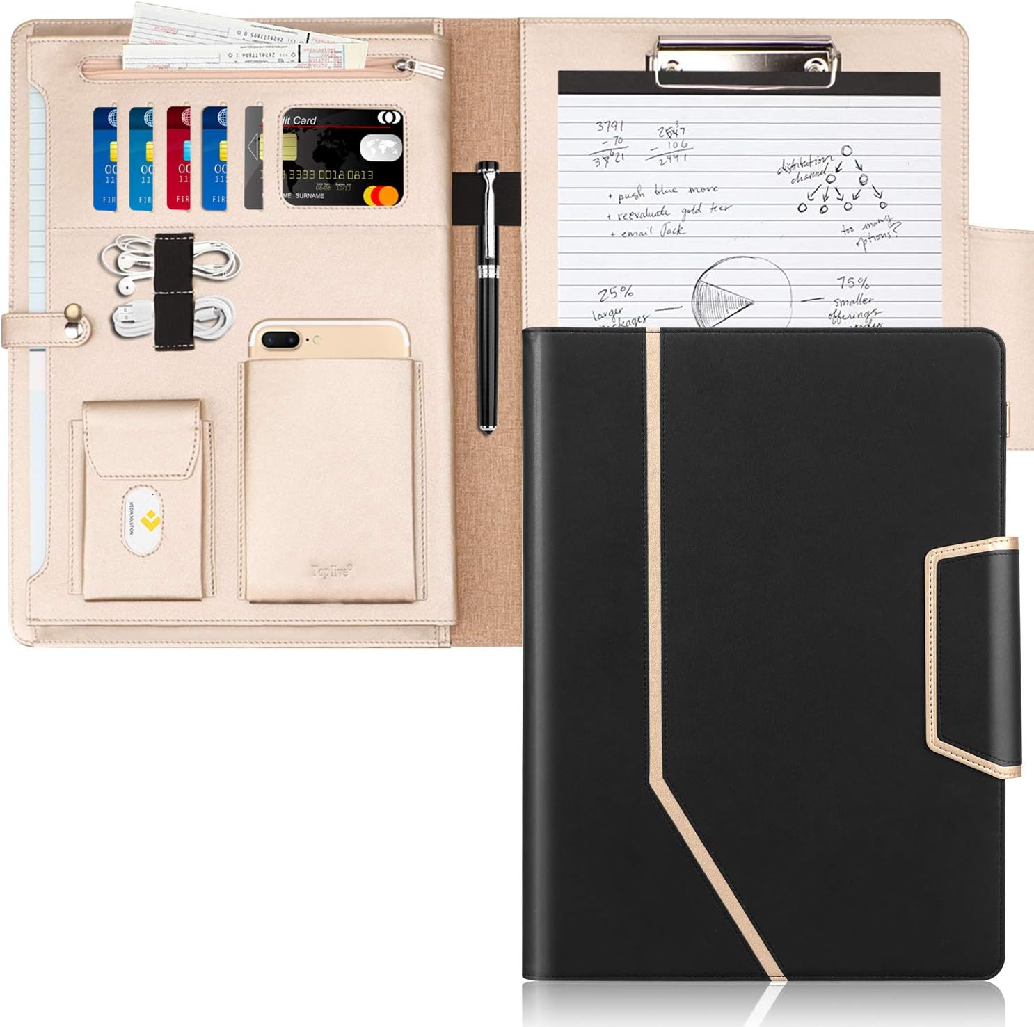Toplive Padfolio Portfolio Case, Conference Folder Executive Business Padfolio with Document Sleeve, Letter/ A4 Size Clipboard, Business Card Holders, Portfolio Padfolio for Women Men, Black
