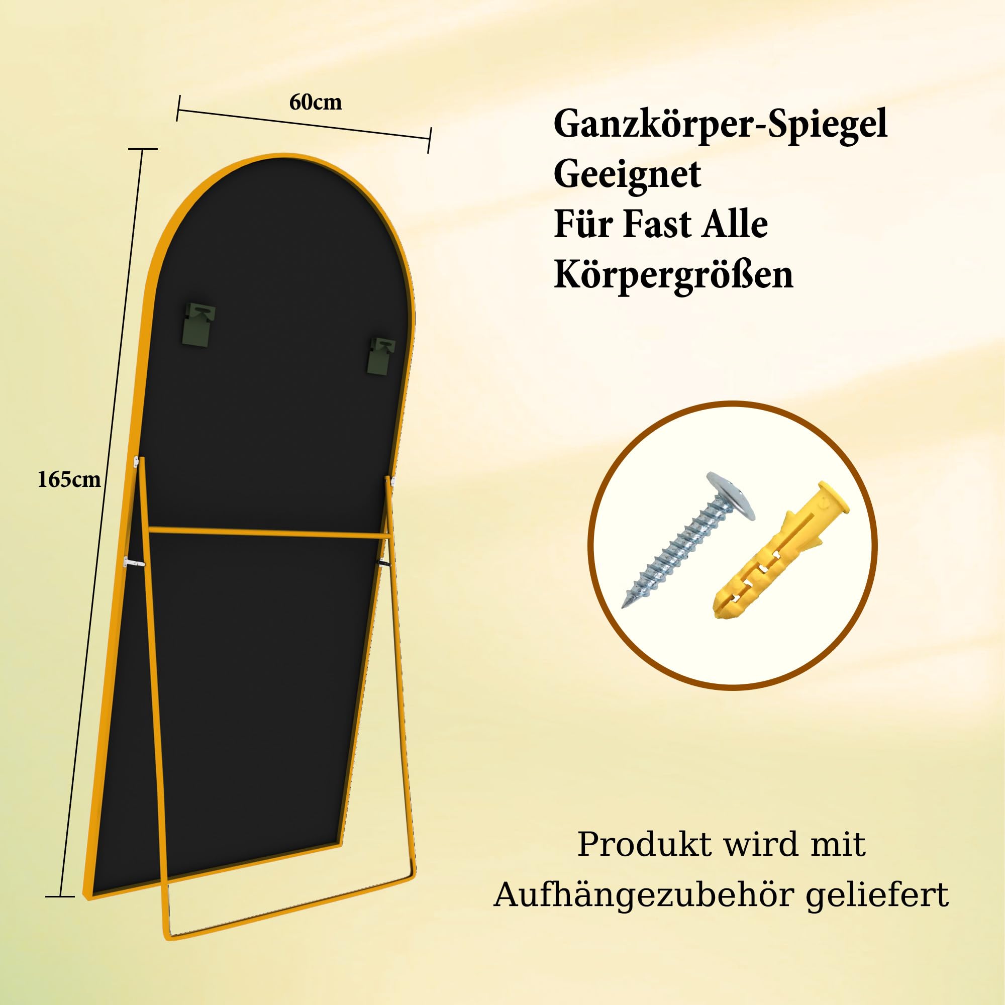 FANYUSHOW Standspiegel mit Gewölbtem Oberteil, 165 x 60 cm, Großer Bogenspiegel mit Haltbarem Glas, Wandmontierter Spiegel in Voller Länge, Angelehnt oder Frei Platziert mit Halterung,Gold