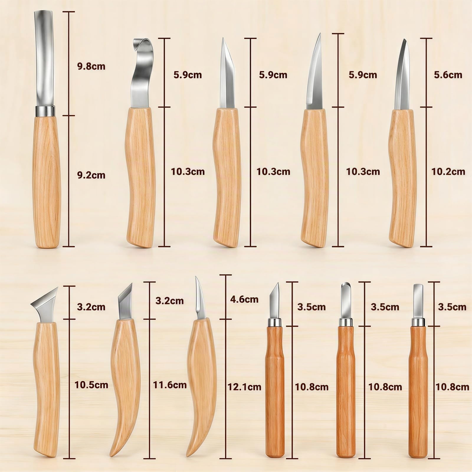 14-tlg. Holzschnitzmesser-Set mit Etuikoffer für Anfänger & Profis | Schnitzmesser-Set aus gehärtetem Stahl, Walnussgriffen, Naturholz-Optik. Inkl. Lederriemen & Polierpaste. Robuste Ledertasche