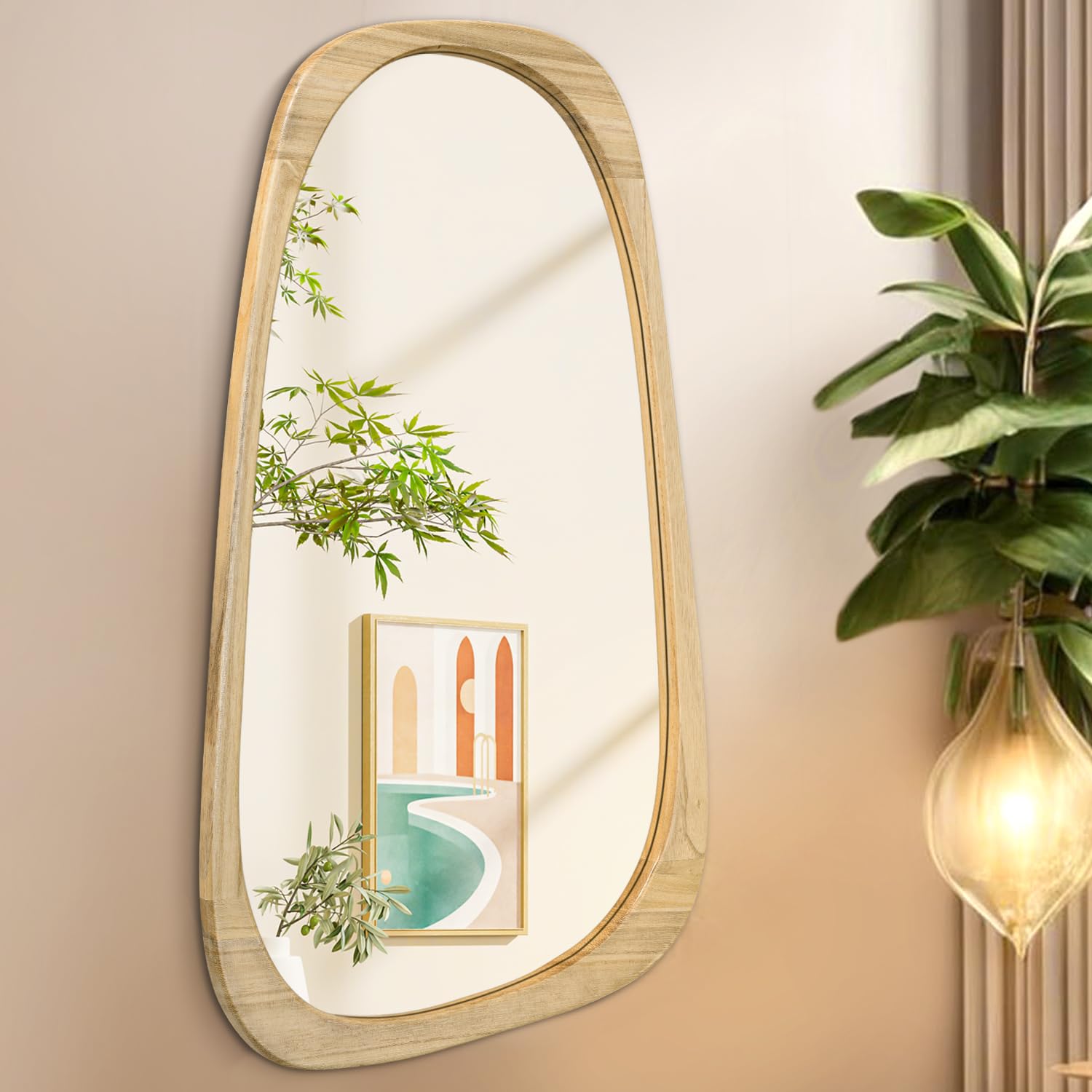 Aazzkang Asymmetrical&Light Color Asymmetrical Wooden Wall Mirror Rustic Irregular Hanging Mirrors 70X40cm Large Decorative For Bathroom Bedroom Living Room Hallway