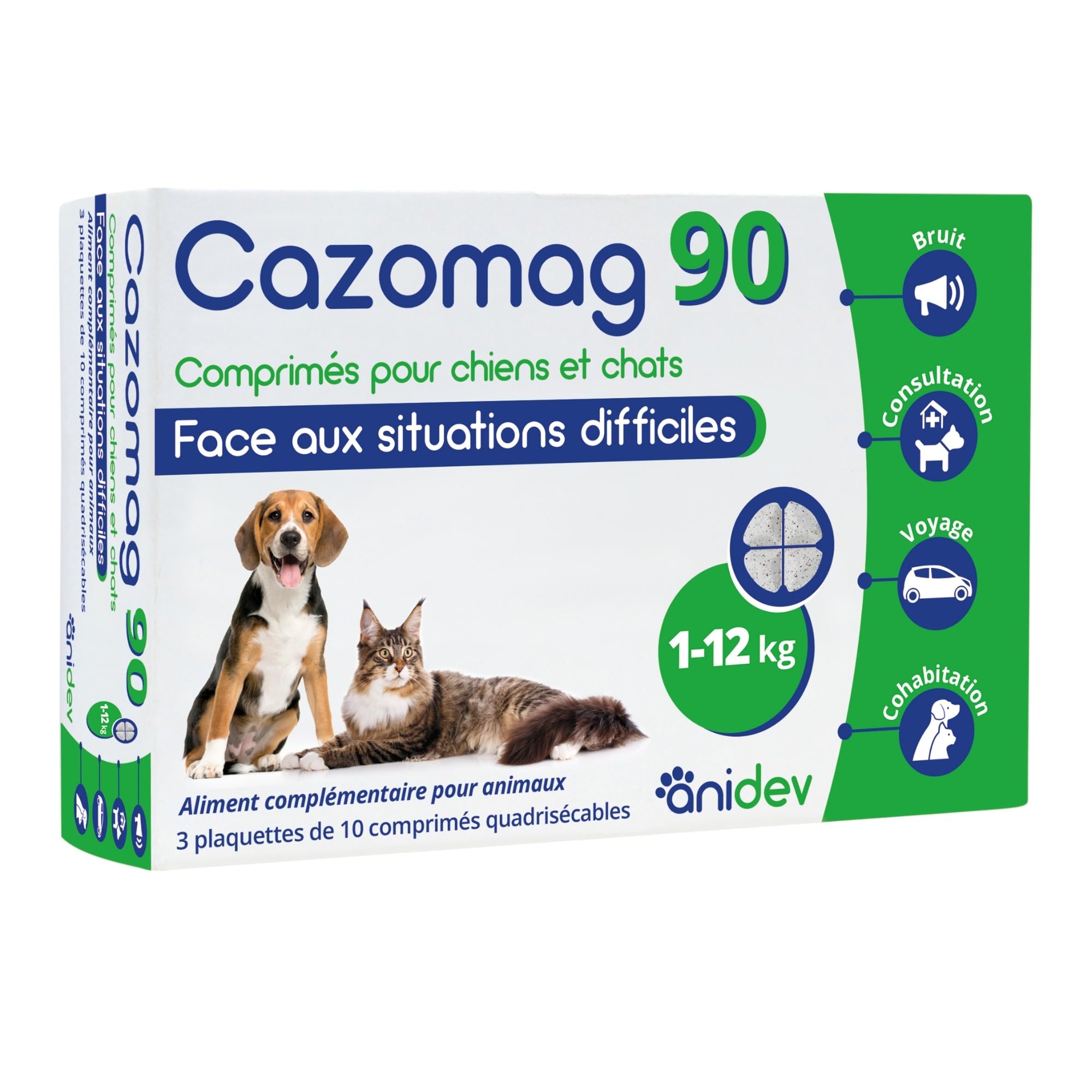 Cazomag 90 - Aliment complémentaire apaisant Chien & Chat - Ingrédients Naturels pour Favoriser Le Calme - Soutien en périodes Difficiles: Voyage, Bruit, Solitude - 30 comprimés appétents - Anidev