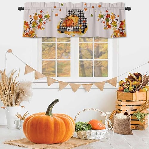 Miniatura 6 de Cenefas de ventana de otoño de Acción de Gracias, cortinas cortas de cocina con bolsillo para barra, cortinas de cenefa de calabaza naranja, hoja de