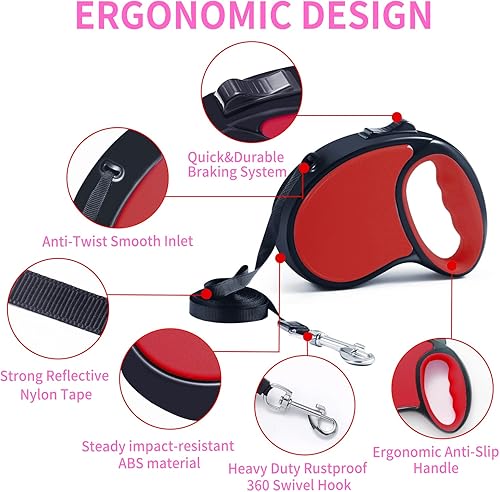 Miniatura 5 de Correa retráctil para perro, [cinta de nailon fuerte] [bloqueo de un botón con una sola mano] para perros y gatos pequeños y medianos, correa para