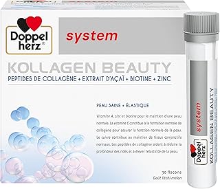 Doppelherz – Kollagen Beauty – Peptides de collagène pour une peau saine et plus élastique – Extrait d'Açaï, Biotine et Zinc – Goût litchi-melon – 30 flacons de 25ml