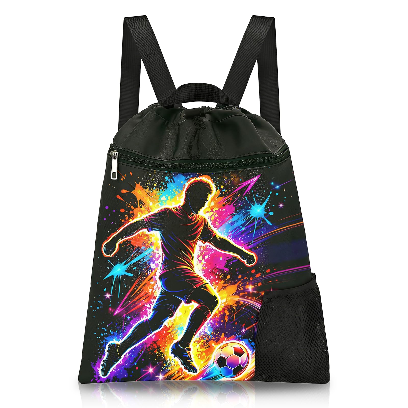 Cunegra Soccer Drawstring Bags for Boys, Swimming Sports Gym Bag, Waterproof Drawstring Backpack with Zippered Pocket and Water Bottle Pocket for Gym Travel Swimming Hiking Camping