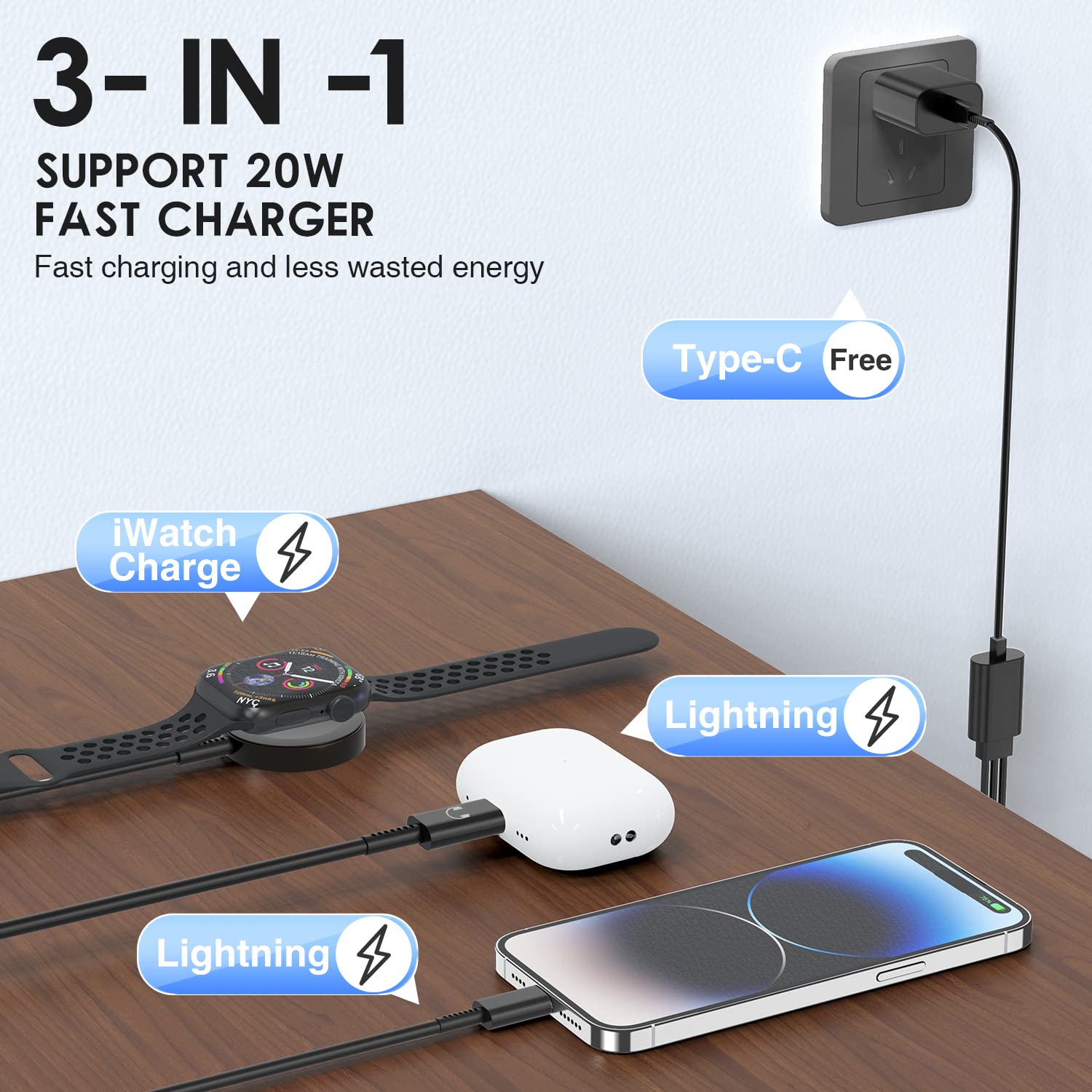 Fashia Watch Charger with USB C Charger,3-1Fast Charging,Magnetic Smart iWatch Charger Cable for Watch Series SE/8/7/6/5/4/3/2/1/ultra