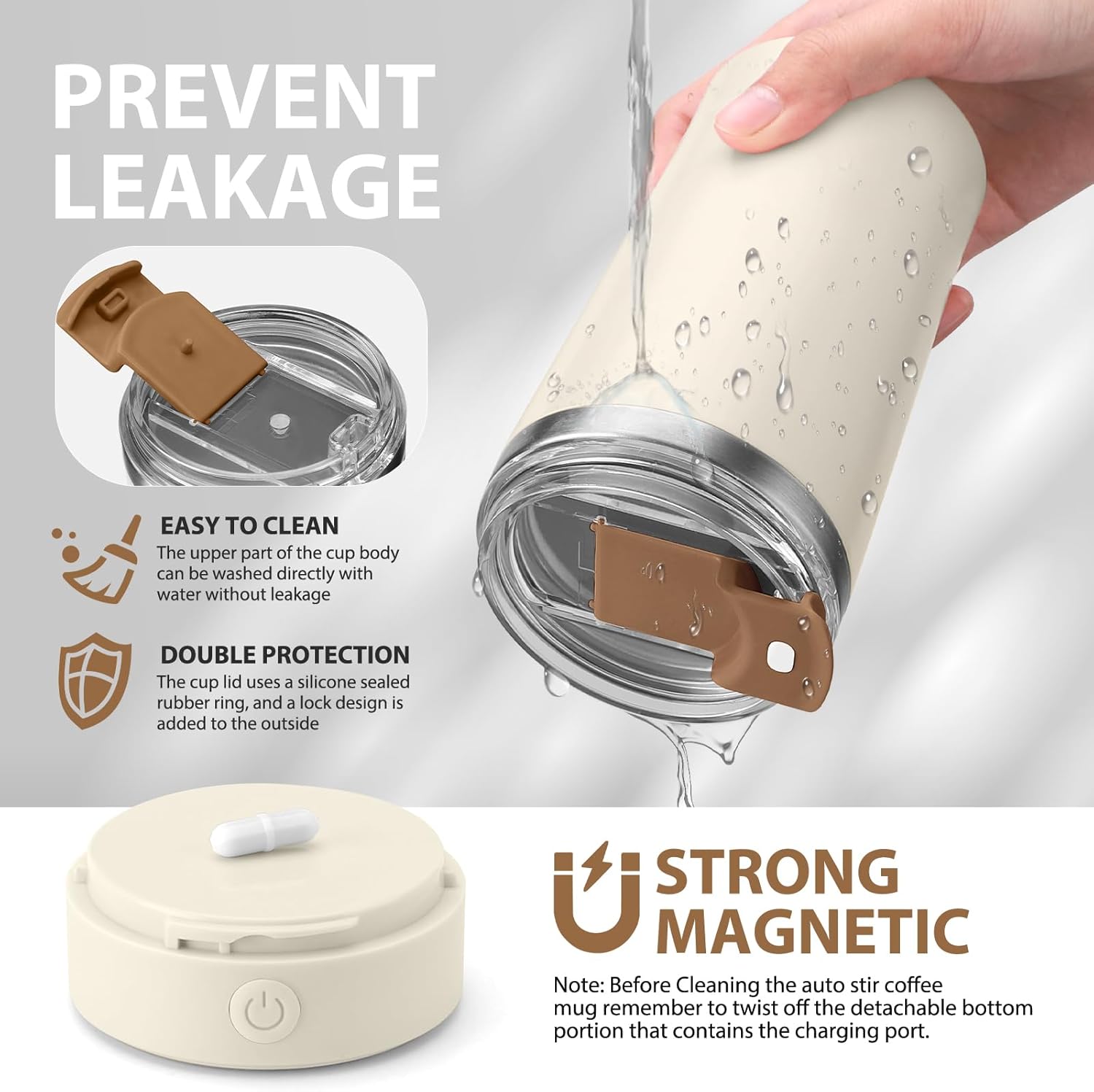 hatisan Self Stirring Coffee Mug With Lid Electric High Speed Self Stirring Mug 400ml Rechargeable Detachable Stainless Steel Self Stirring Cup for Coffee, Milk, Cocoa Christmas Gift(Beige) - Image 3