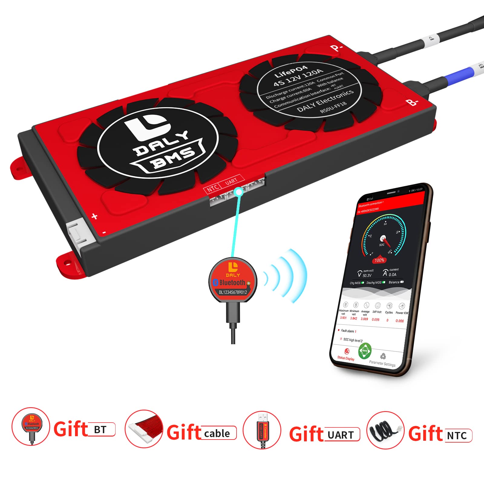 Batteria per auto elettrica 4S ~ 24S 30~250A per moto, controllo personalizzato con taglio a bassa temperatura, per scooter elettrico Smart BMS (LIFEPO4 4S 12V, 120A UART+BT)