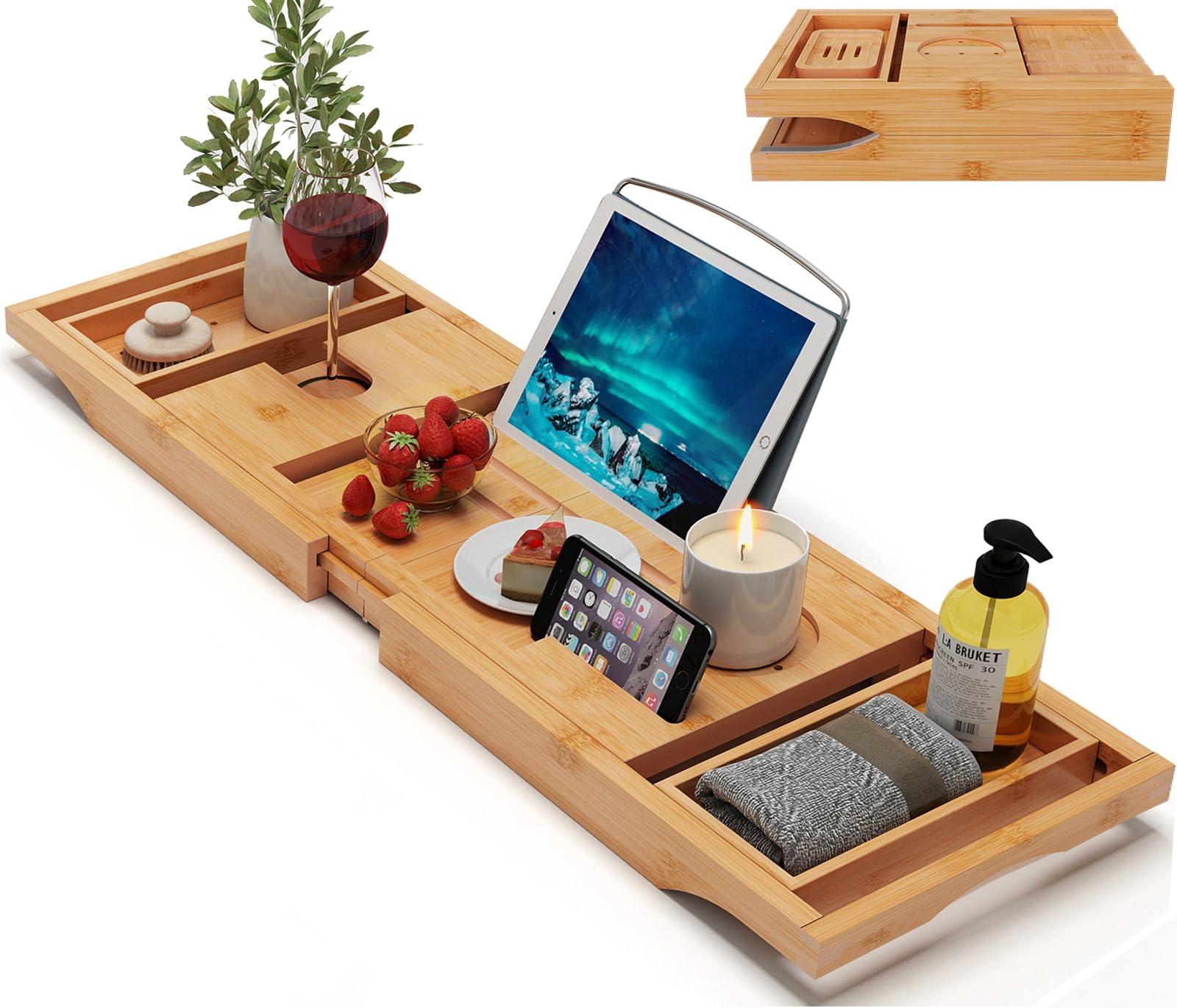 Premium Bamboo Bathtub Tray Caddy Wood Bath Tray Expandable With Book - View #5