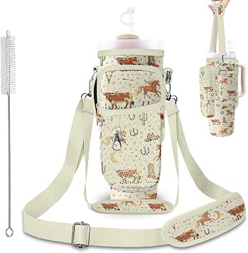 Stanley Water Bottle Bag with Adsjust Strap for 30/40 Oz Tumbler, Water Bottle Carrier with 3 Pockets, Cleaning Brush & Straw Cover, Stanley Cup Carrier Bag for Walking, Gym,Travel, Yoga