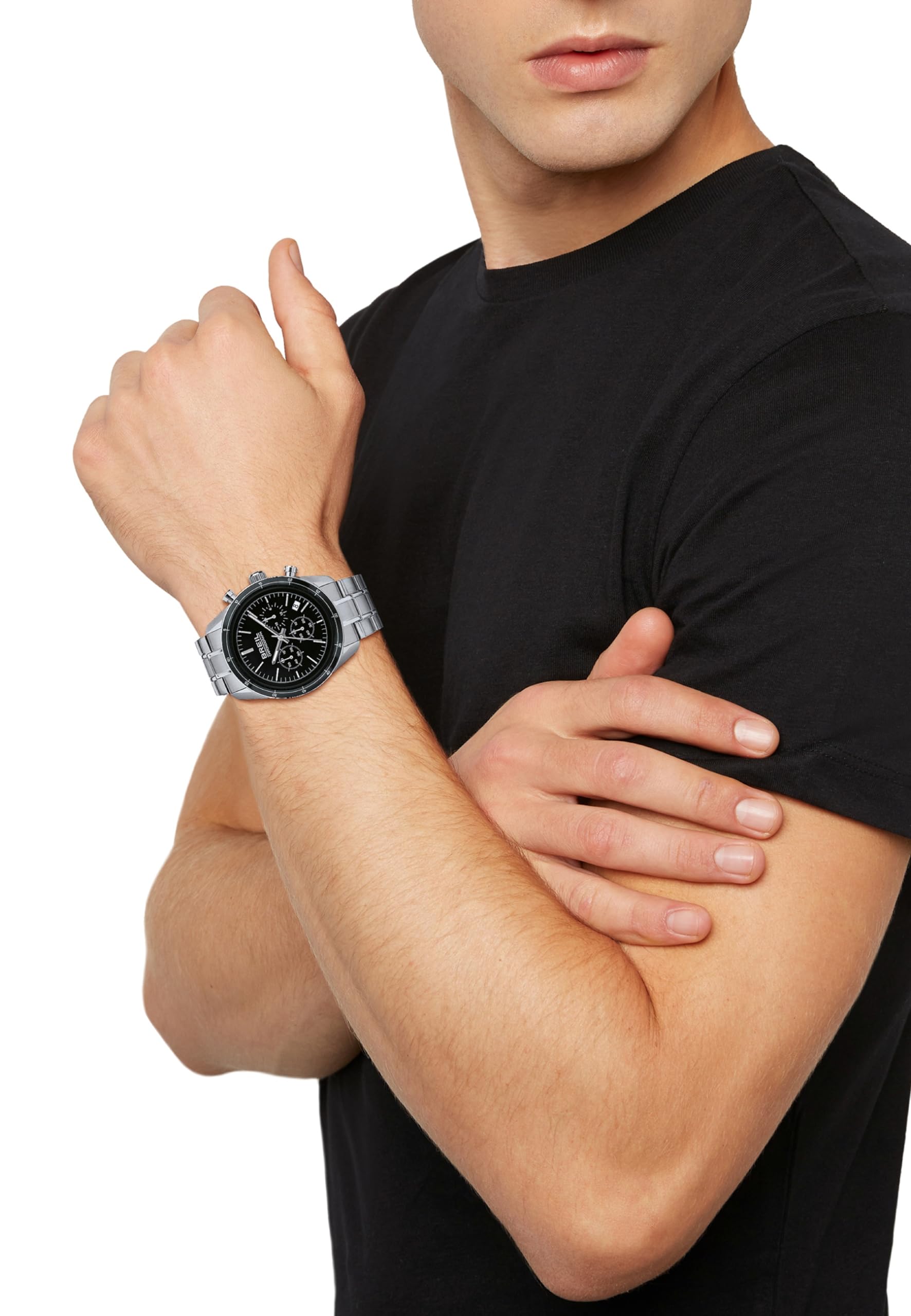 Breil Orologio Uomo Collezione Release Mono-Color Quadrante Nero Crono Movimento al Quarzo e Cinturino in Acciaio TW1897, Argento., Bracciale