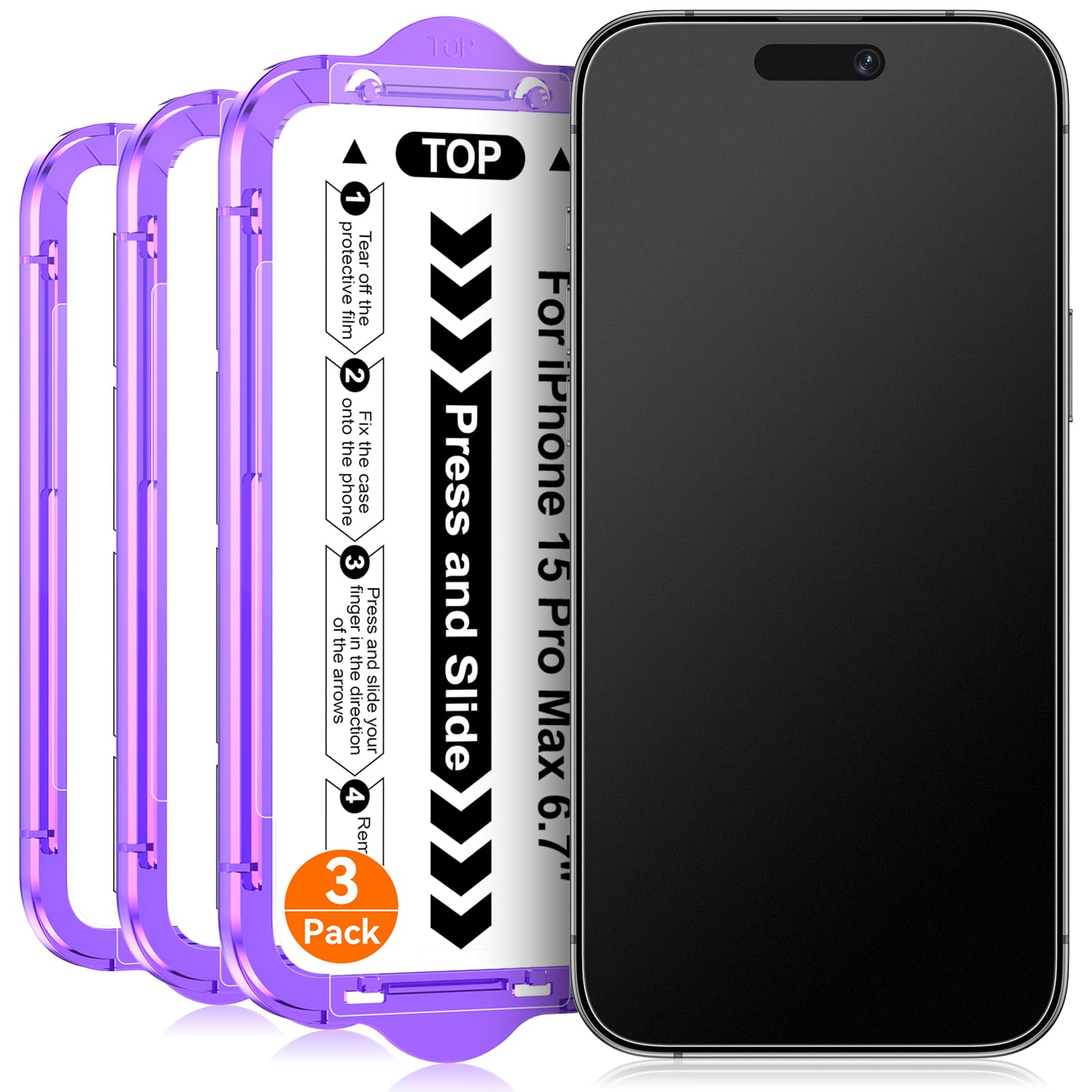 3 Piezas Protector Pantalla para iPhone 15 Pro Max Mate, Pelicula Cristal Vidrio Templado Antideslumbrante e Antihuellas, Marco de Instalación Fácil Autoalineación, Sin Burbujas, 6,7 Pulgadas