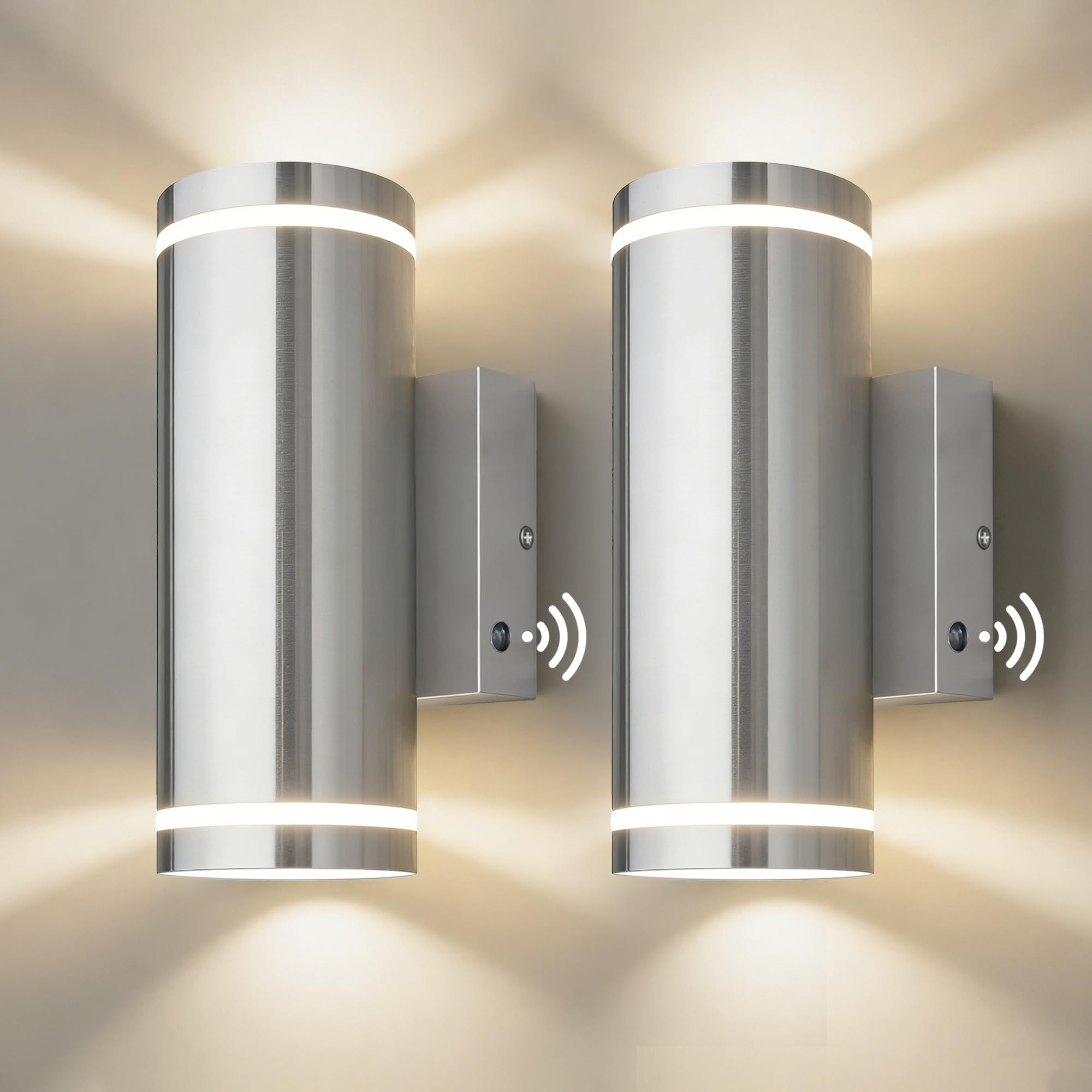 JNR Außenlampe mit Dämmerungssensor, Edelstahl Aussenleuchte, Silber 2 Pack | Edelstahl, IP65 Wasserdichte LED Aussenlampe mit Lichtsensor Außen inkl. 2x 5W GU10 3000K Warmweiß Glühbirne
