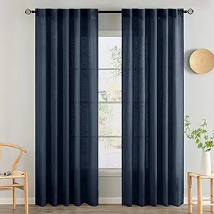 MIULEE Navy Blue Linen Curtains 84 Inch Length 2 Panels for Bedroom Living Room, Soft Thick Linen Textured Natural Window Drapes Semi Sheer Light Filtering Back Tab Rod Pocket Burlap Look Decor