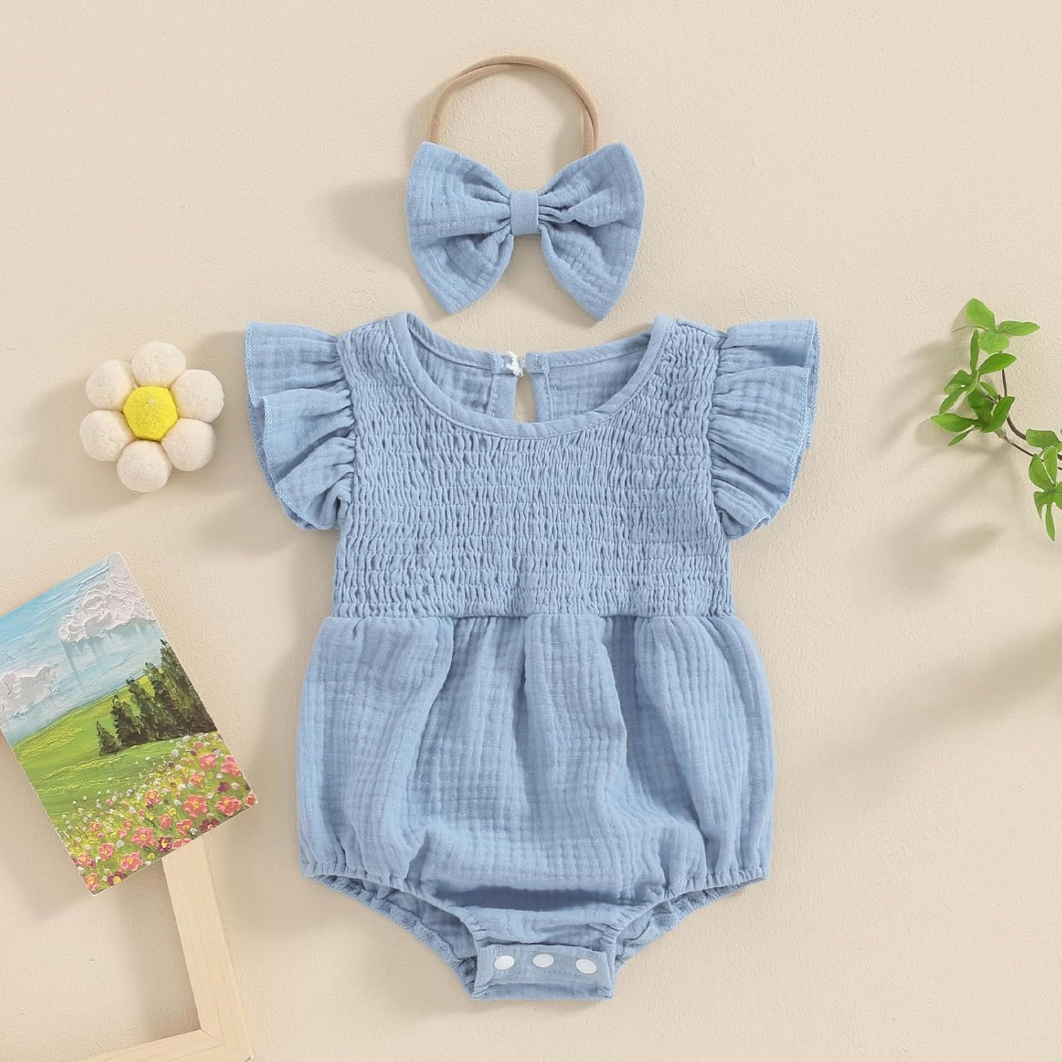 Newborn Baby Girl Clothes Ruffle Sleeve Solid Smocked Bubble Romper Jumpsuit Bow Headband Cute Summer Clothes - Image 2