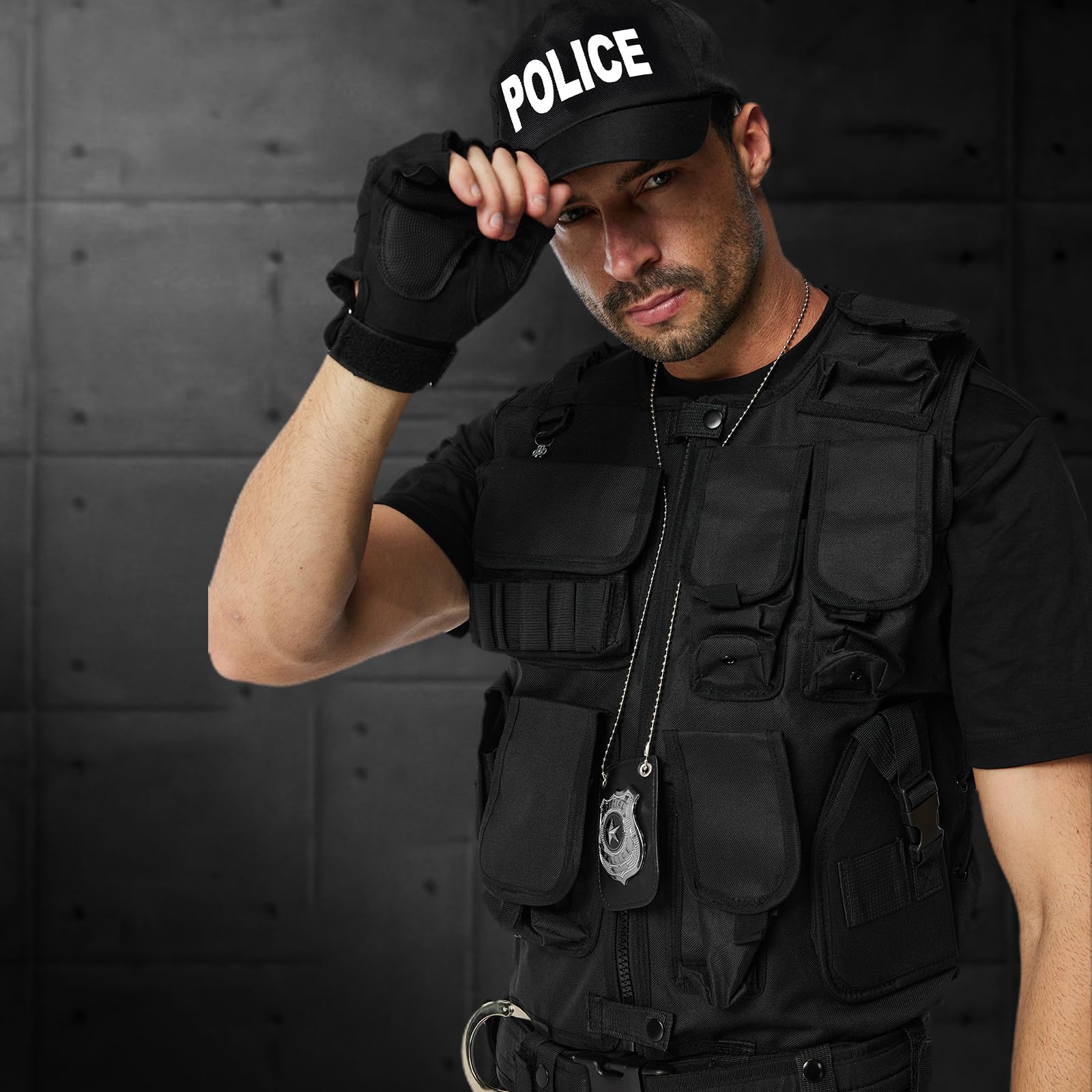 Ulikey Chaleco SWAT Adulto, Disfraz de Chaleco SWAT Policía Adulto, Guantes, Cinturón, Placa de Policía Disfraz de para Hombre Halloween Carnaval Fiesta de Disfraces Cosplay