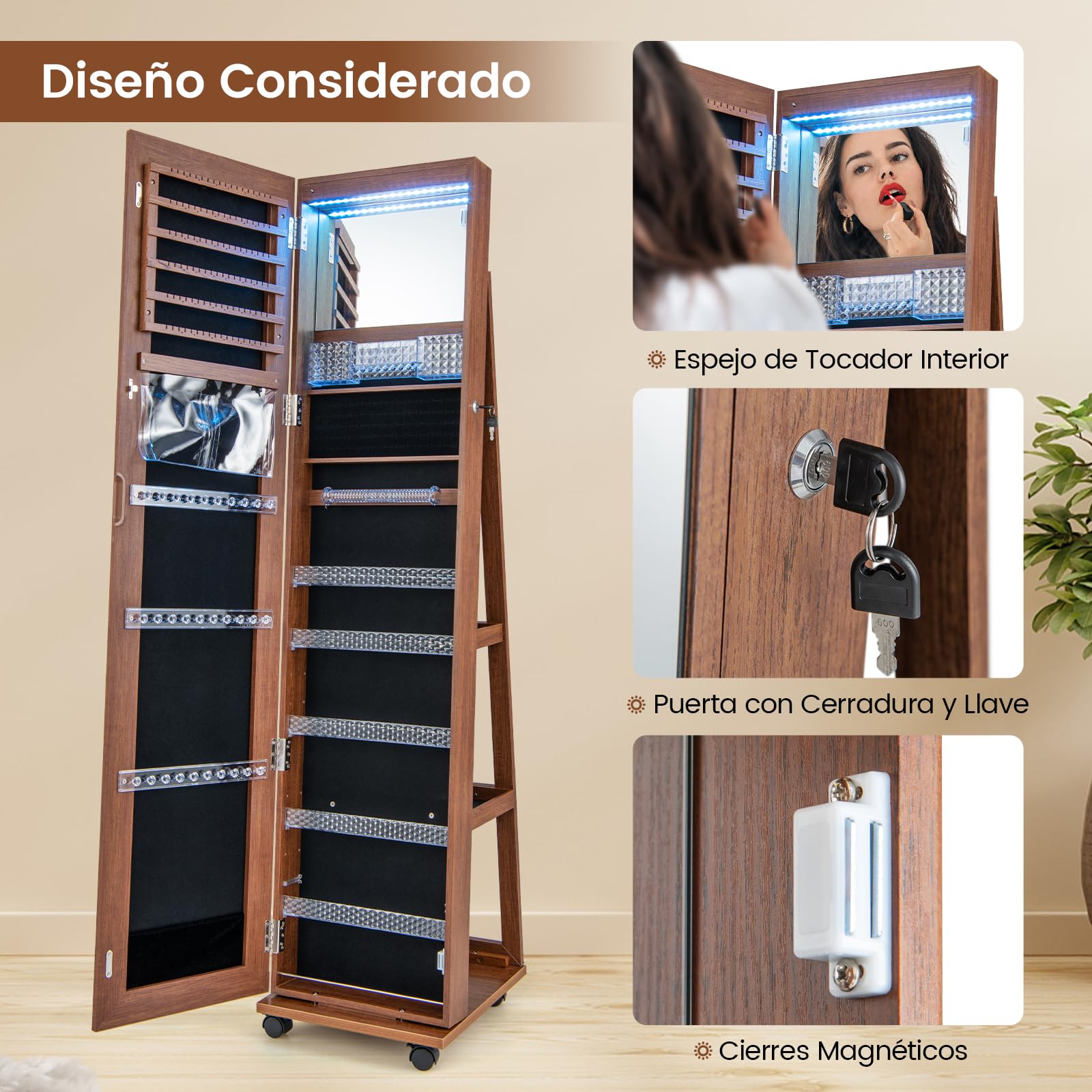 Espejo Joyero de Pie RELAX4LIFE 3 en 1 con LED 3 Colores, Ruedas Giratorias 360°, Armario para Joyas con 3 Estantes, Marrón