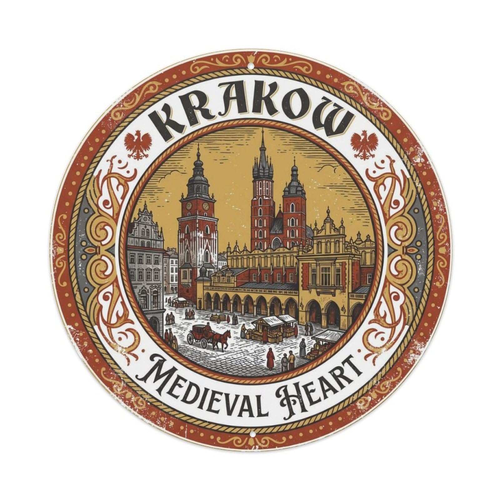 Vintage Travel Krakow Market Square Metal Tin Sign Plaque Wall Decor for Cafe, Club, Garden Round Metal Poster 8x8Inch
